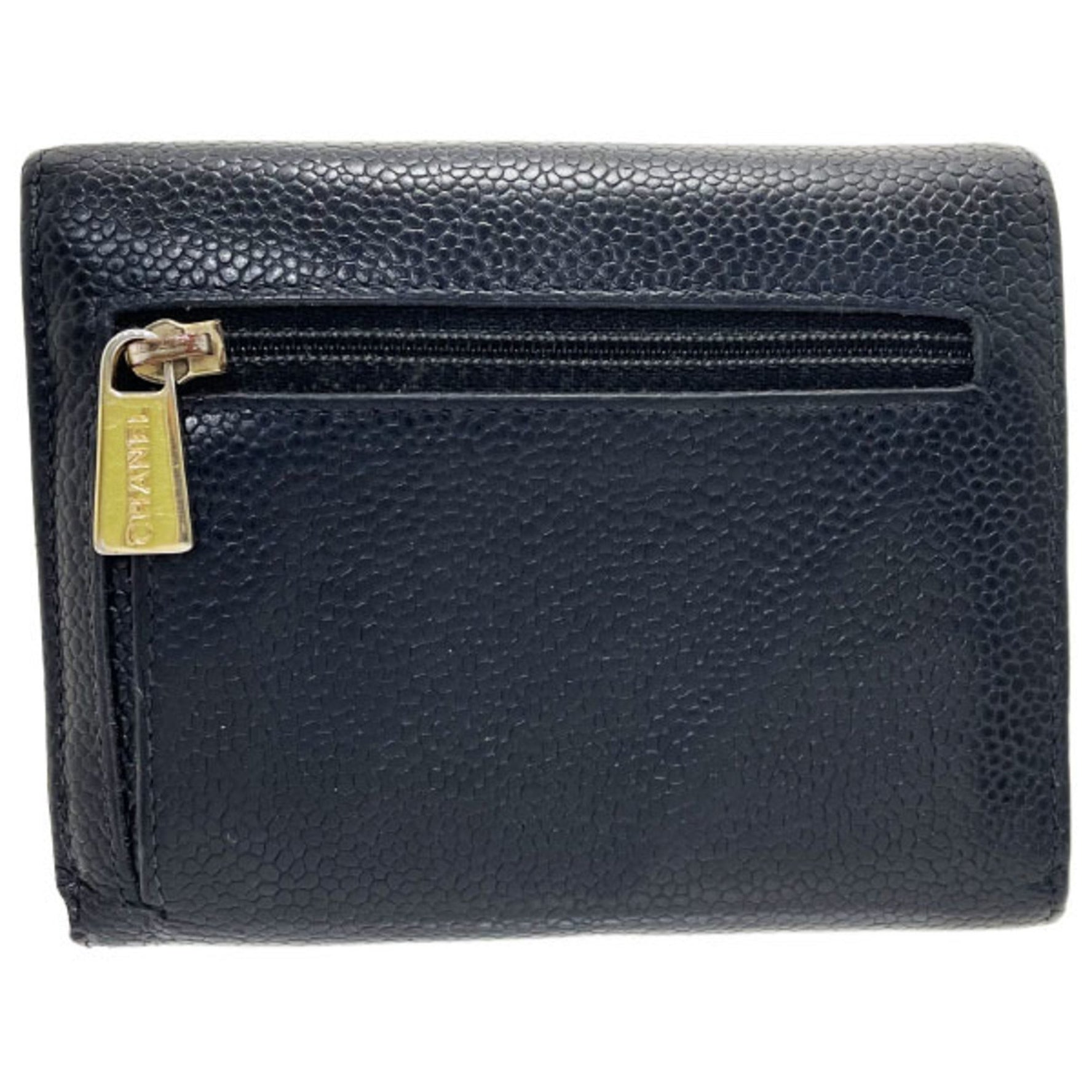 Chanel Wallet Coco Mark Tri-fold Caviar Skin Leather CC