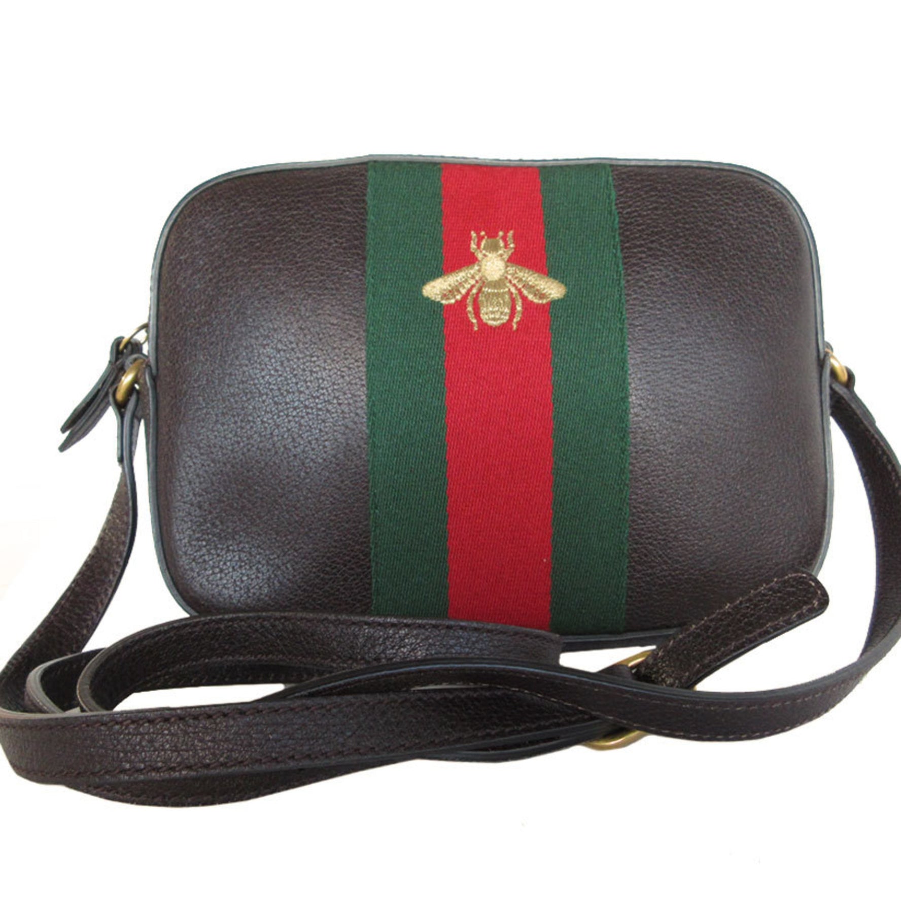 GUCCI Shoulder Bag Sherry Line Bee Leather Canvas Dark Brown Green Red Gold