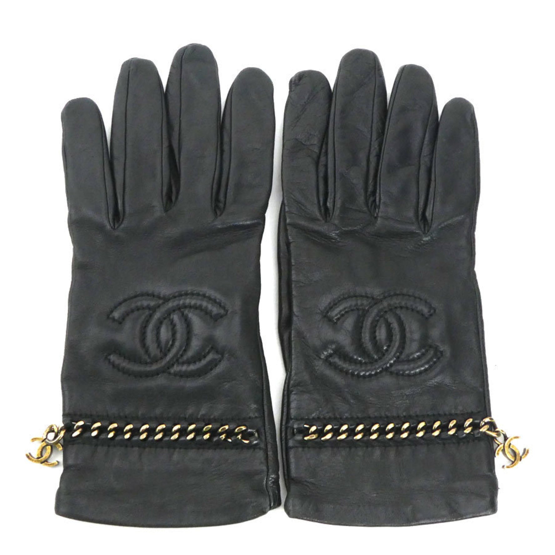 CHANEL Coco Mark Gloves Leather Metal Black Gold