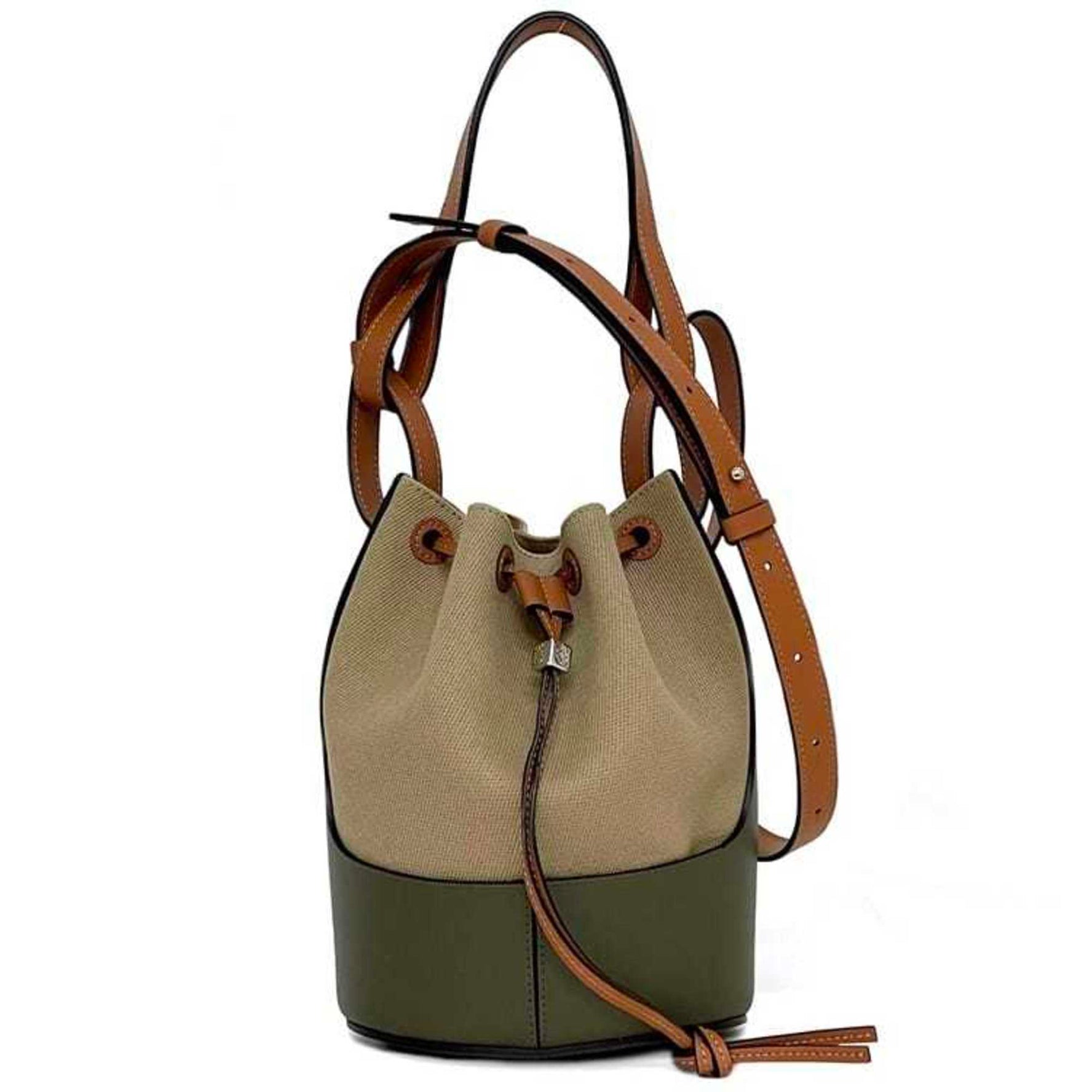 LOEWE Bucket Bag Balloon Beige Khaki Anagram Leather Jacquard Canvas Handbag Bicolor Green Drawstring