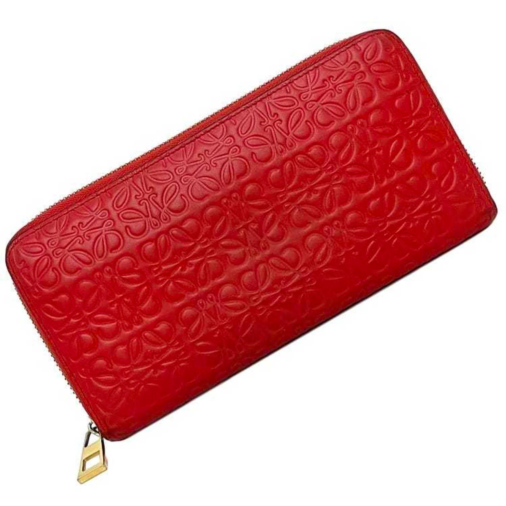Loewe Round Long Wallet Red Gold Repeat Anagram Leather GP Embossed