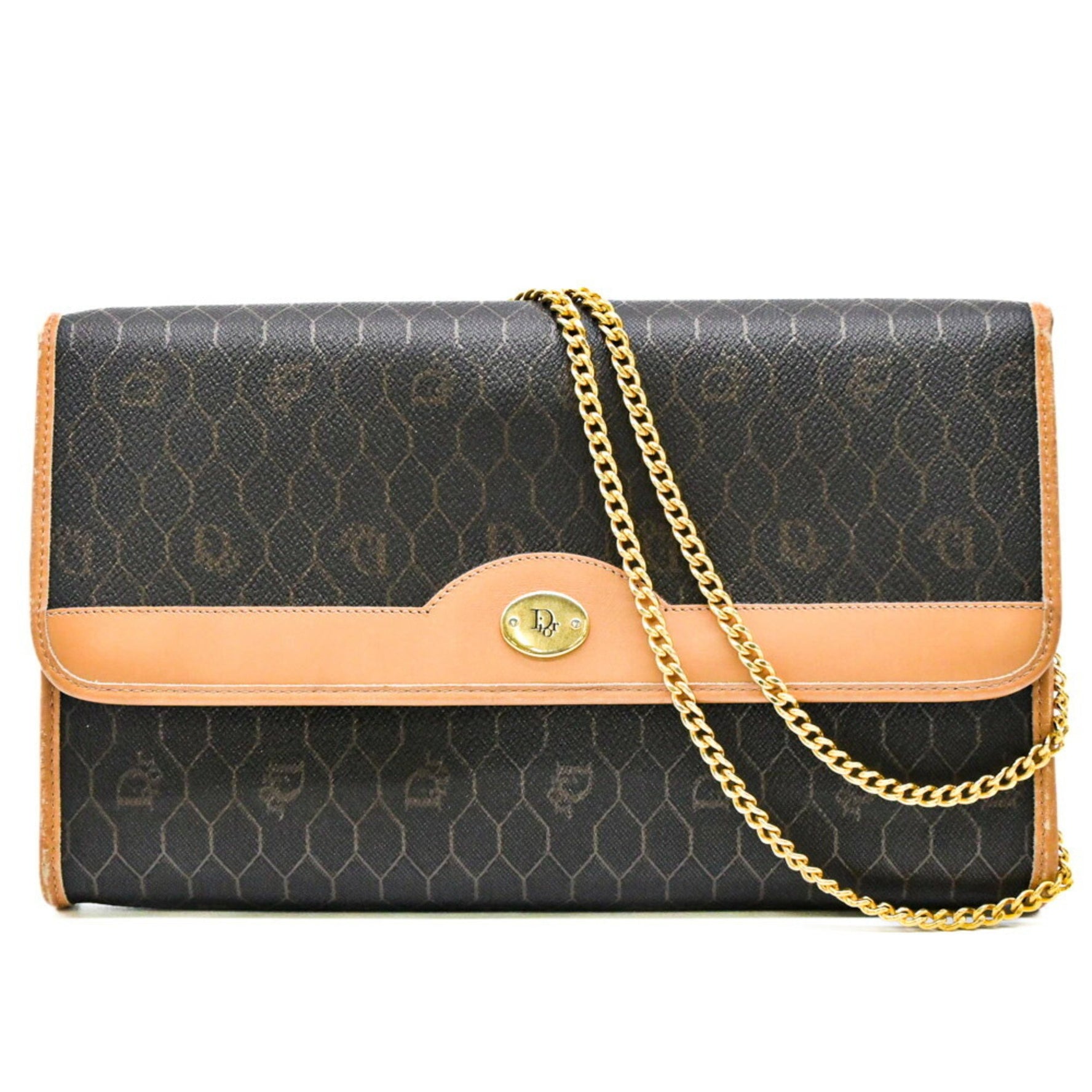 Christian Dior Honeycomb Pattern Chain Shoulder Bag Dark Brown