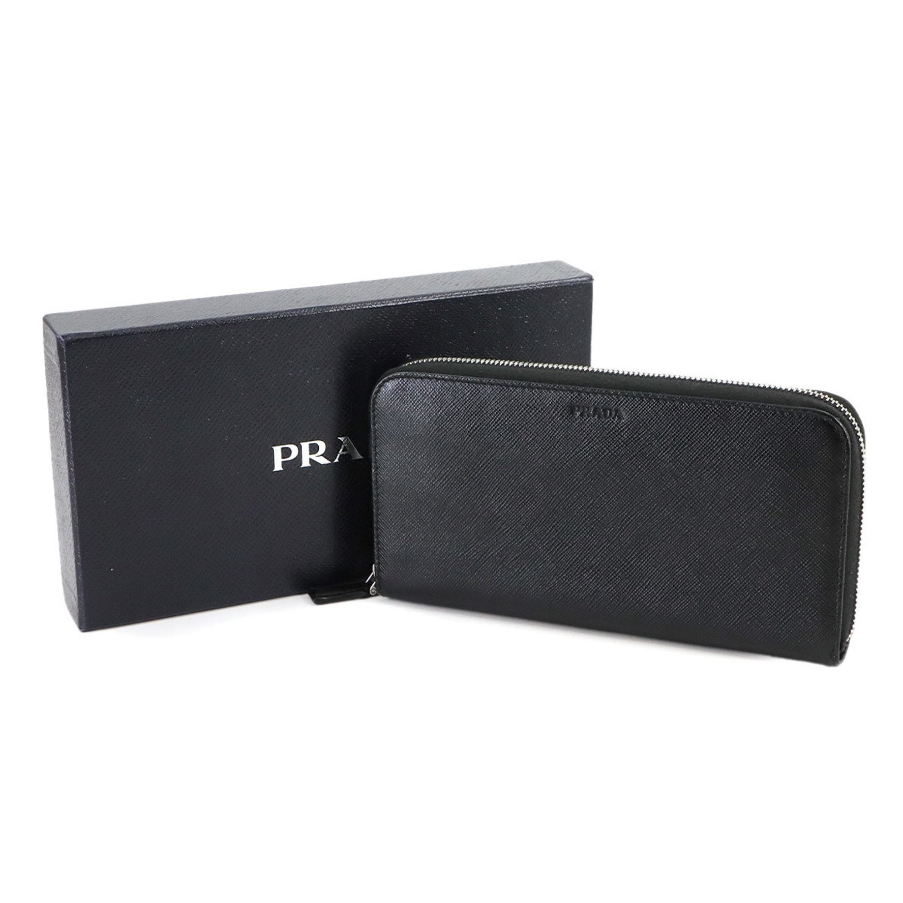 Prada Saffiano Round Long Wallet in Black Leather with Silver Hardware, 2ML317