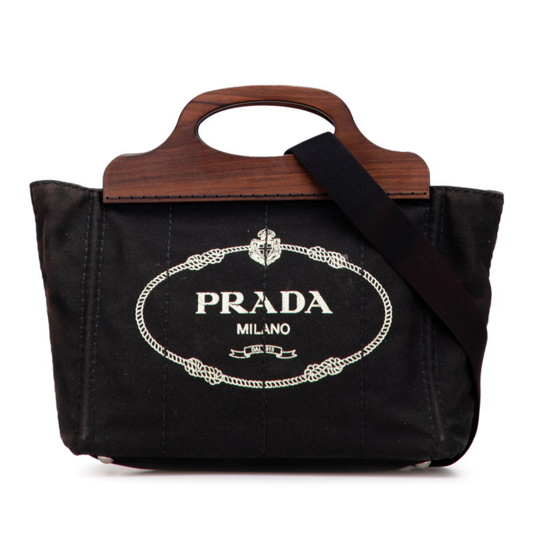 Prada Canapa Handbag/Shoulder Bag Black Brown Canvas Wood