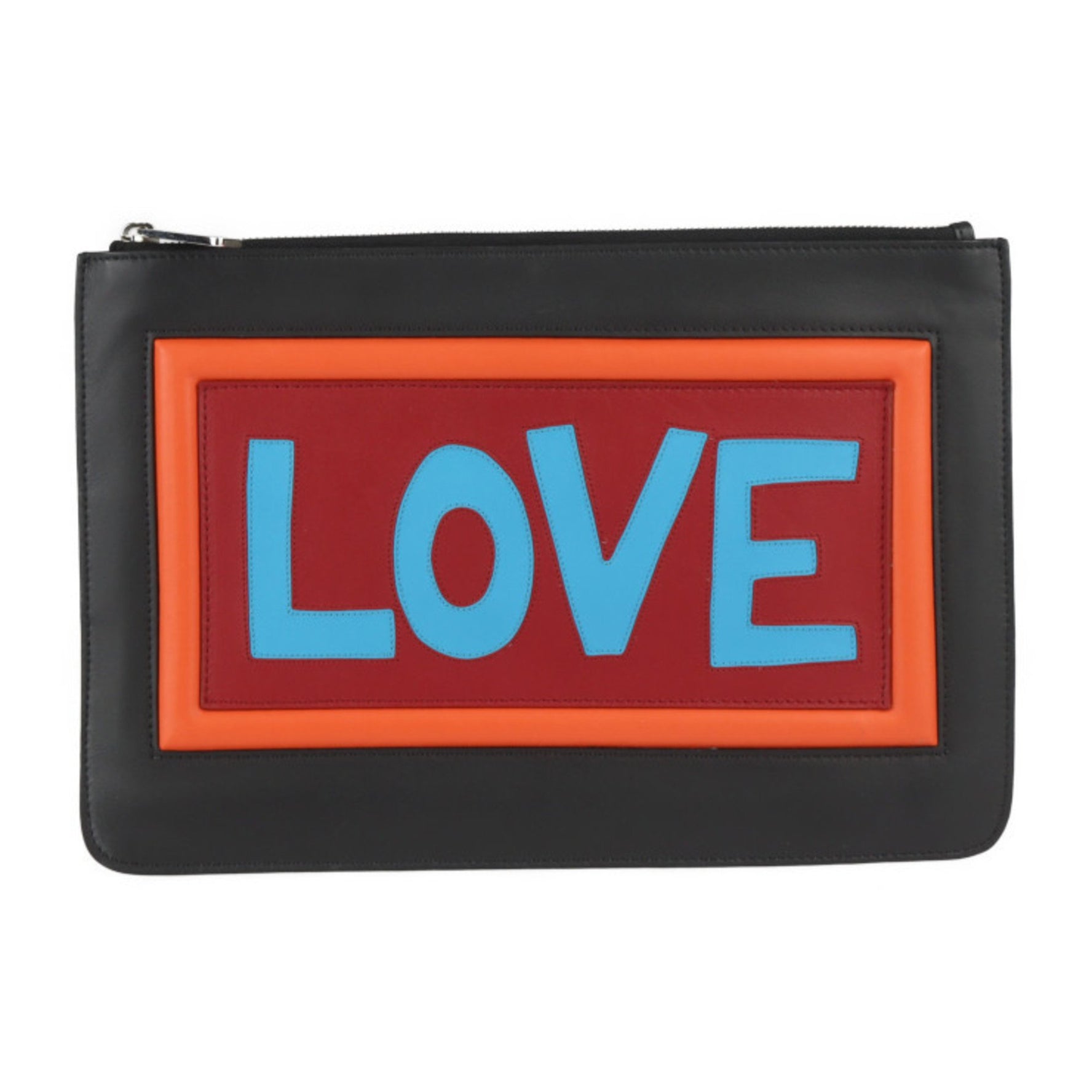 FENDI Pouch Second Bag Leather Black Multicolor Clutch LOVE