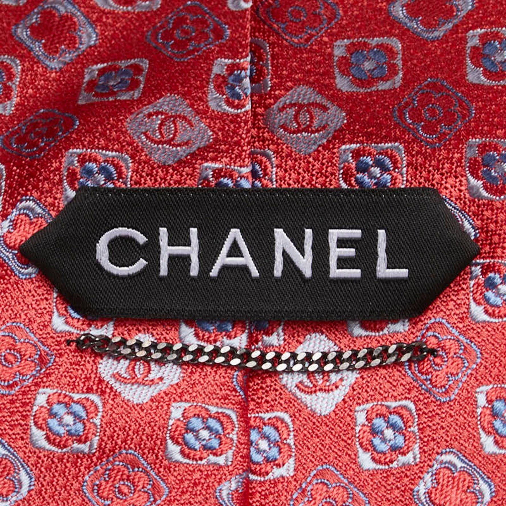 Chanel Coco Mark Camellia Motif Tie, Pink and Blue Silk