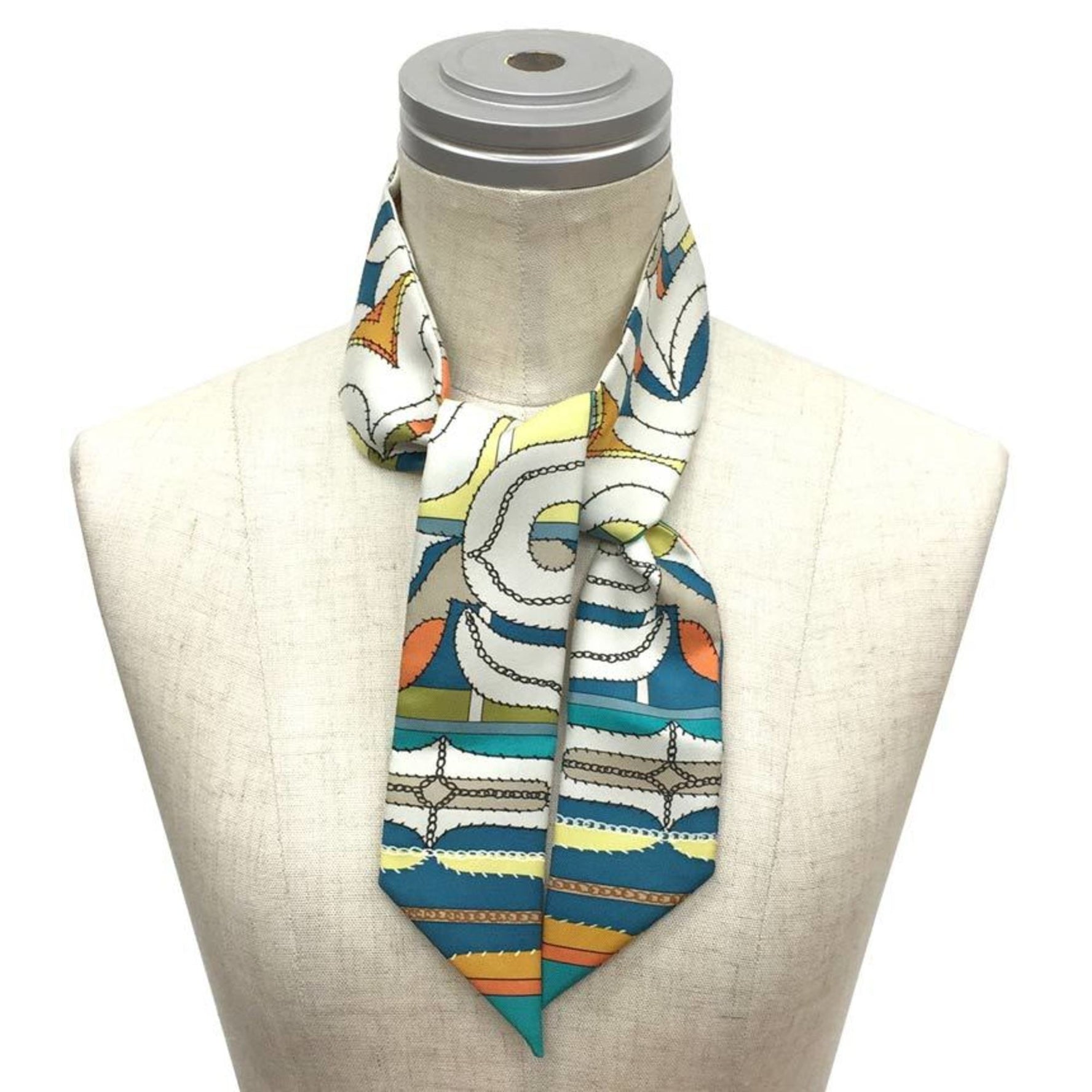 HERMES Twilly Scarf Muffler White x Orange Blue 100% Silk