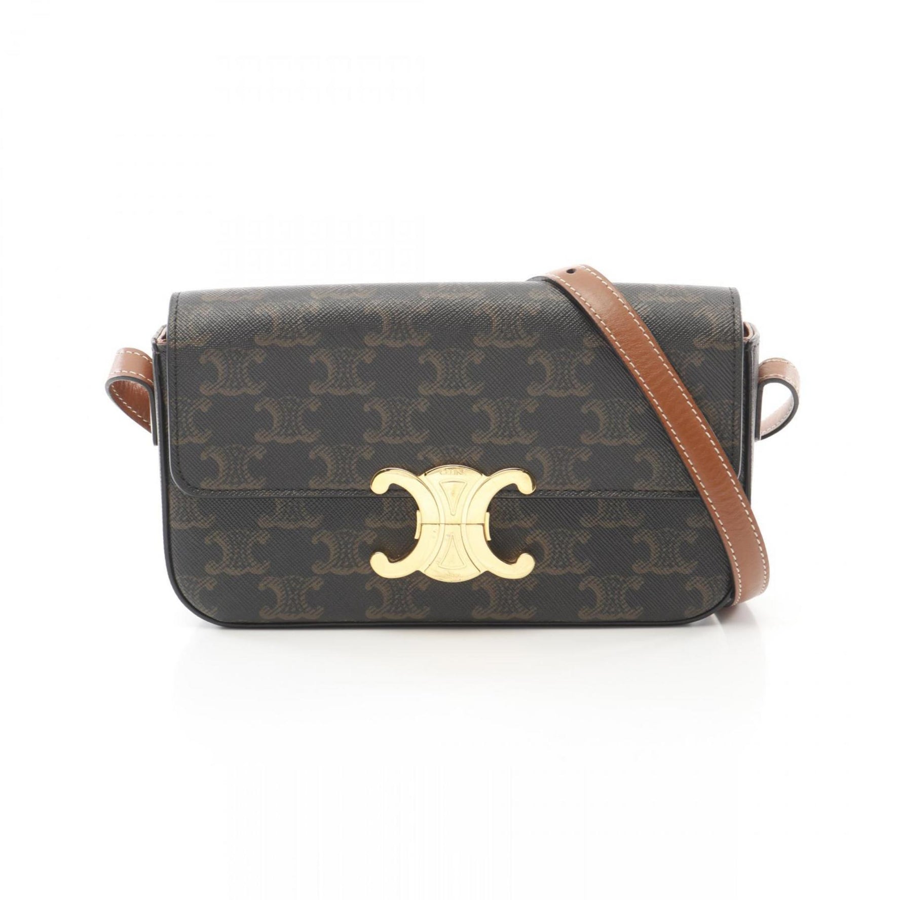 CELINE Claude Triomphe Shoulder Bag Coated Canvas Leather Black Brown