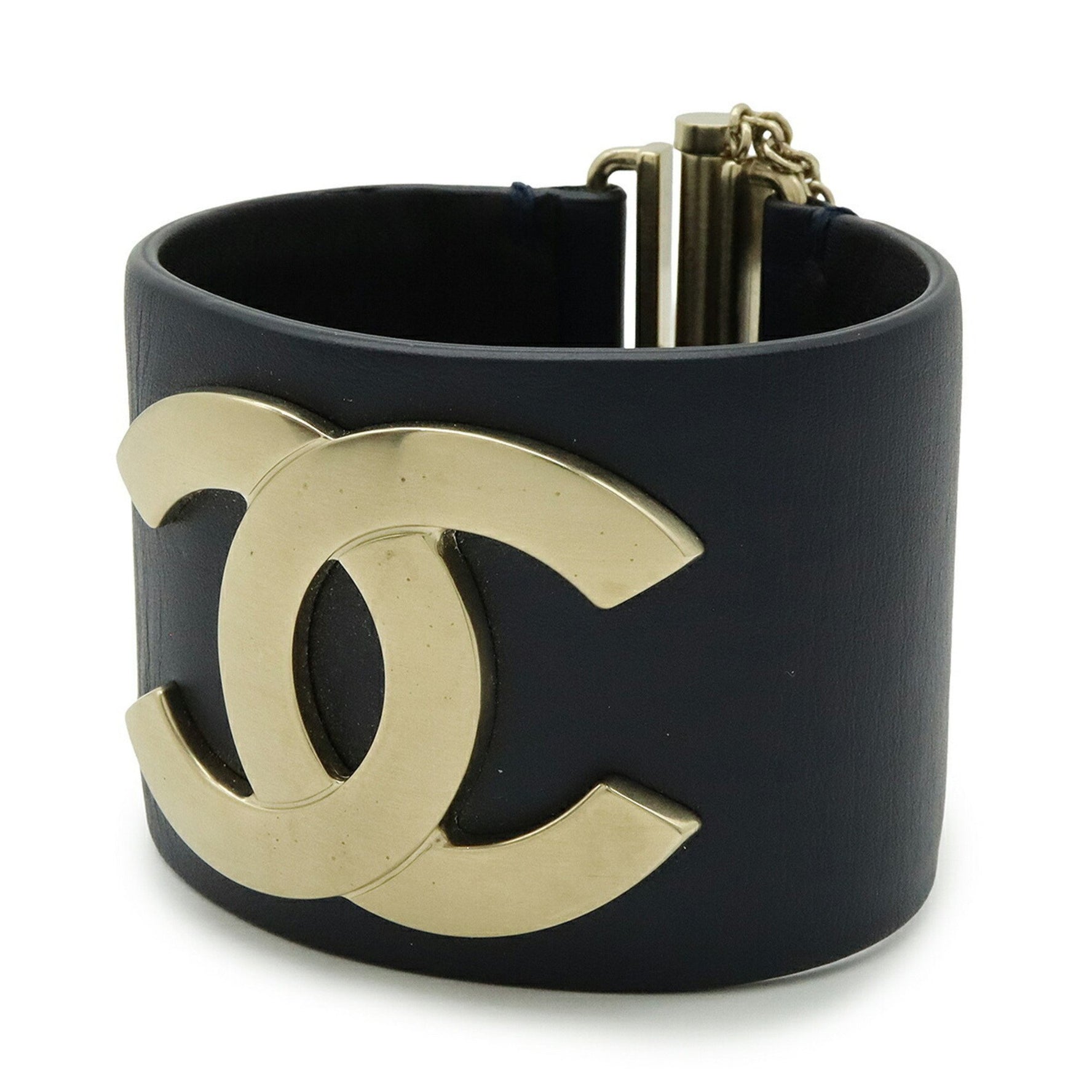 CHANEL Coco Mark Wide Bangle Bracelet in Leather, Dark Navy, Size S, C, Limited Edition