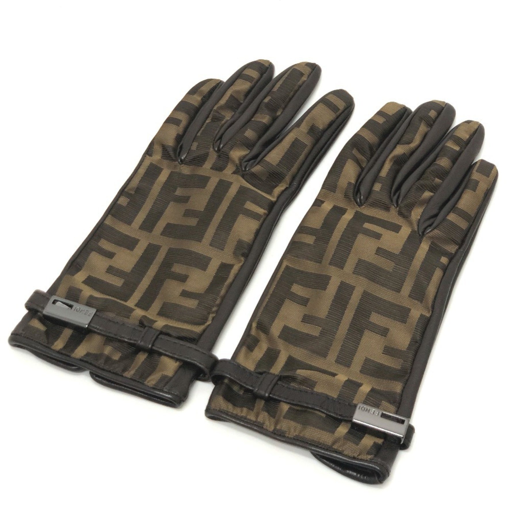 FENDI Zucca print FF logo winter gloves, canvas and leather, .