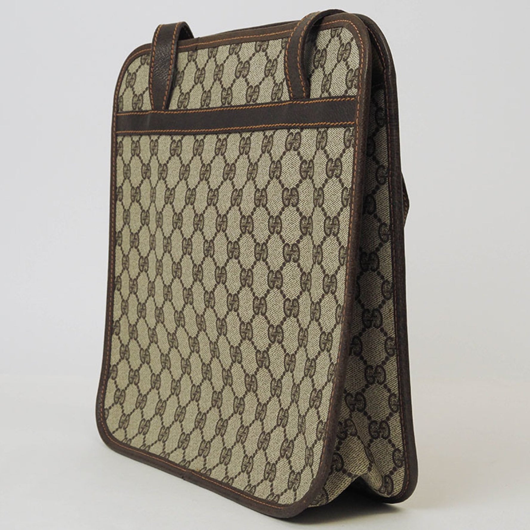Gucci Old GG Plus Handbag Tote Bag Beige Brown PVC Leather Crest Engraved