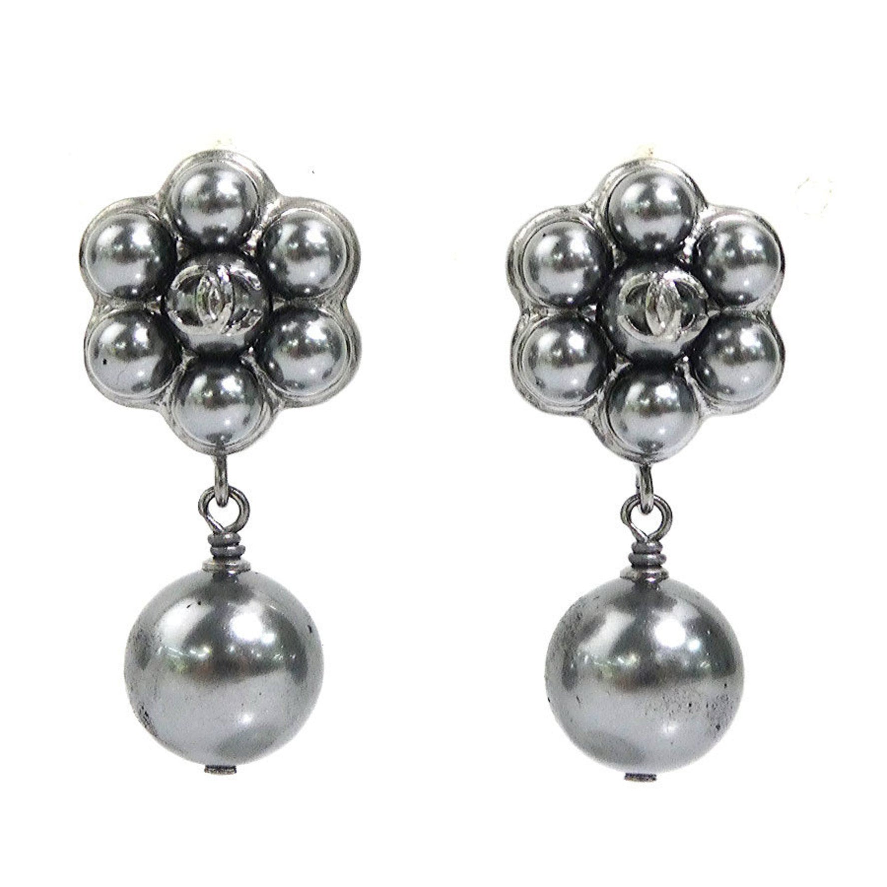 CHANEL Coco Mark Metal Faux Pearl Grey Silver Earrings