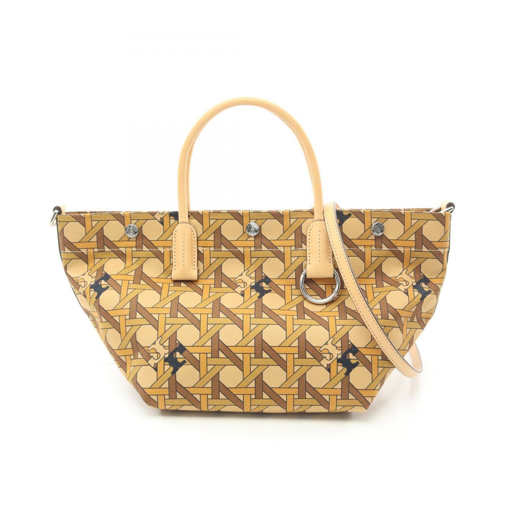 Tory Burch BASKET WEAVE Tote Bag Canvas Leather Beige Multicolor