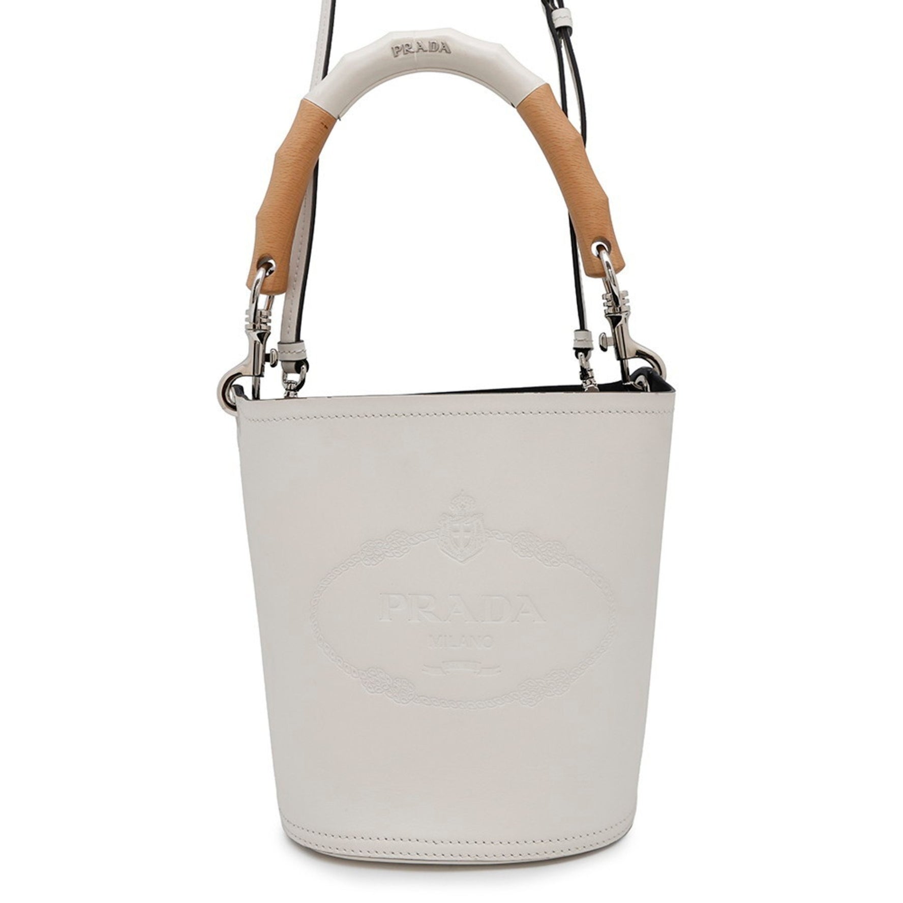 Prada Handbag Tambour Bucket Leather Wood Shoulder Bag