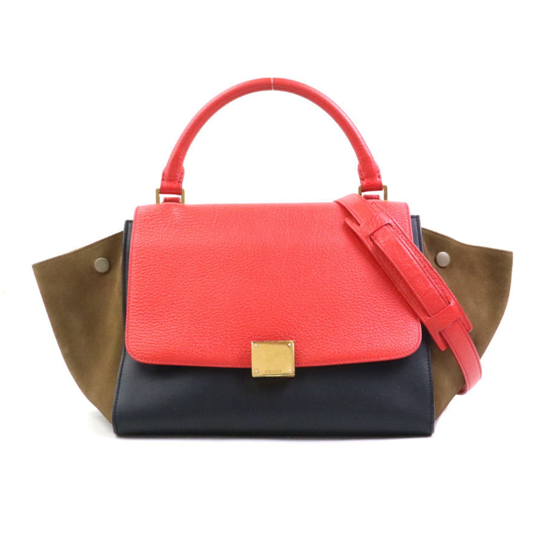 Celine Trapeze Shoulder Bag in Leather and Suede, Red, Black, Khaki