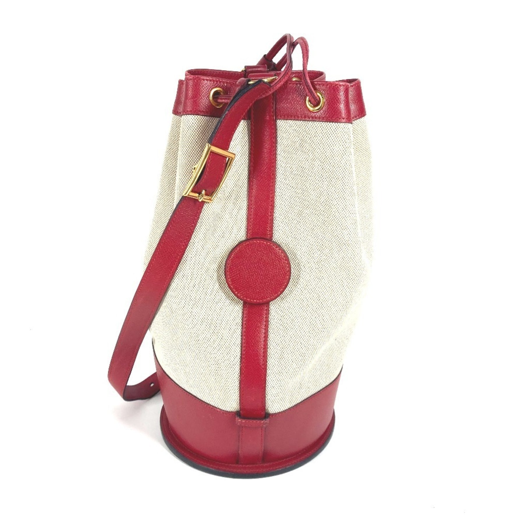 HERMES Vintage Standy Bag, Crossbody Drawstring Shoulder Leather and Canvas, Red