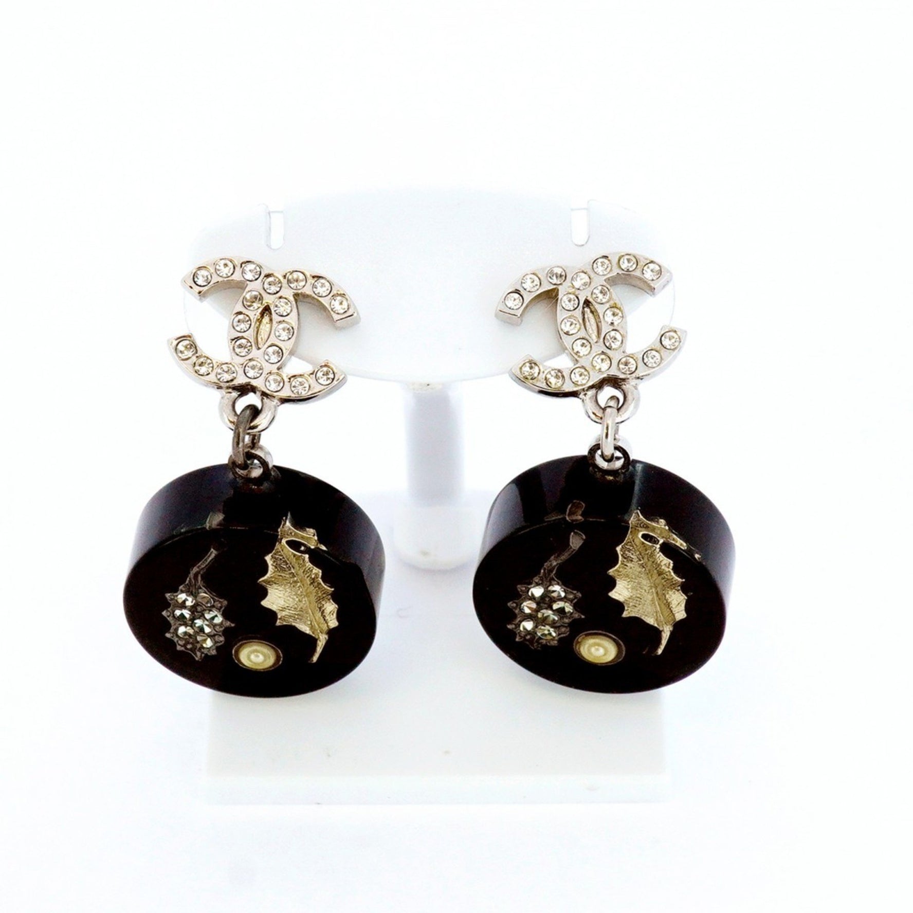 Chanel Coco Mark Circle Leaf Motif Metal Earrings with Faux Pearl and Rhinestones in Silver Black