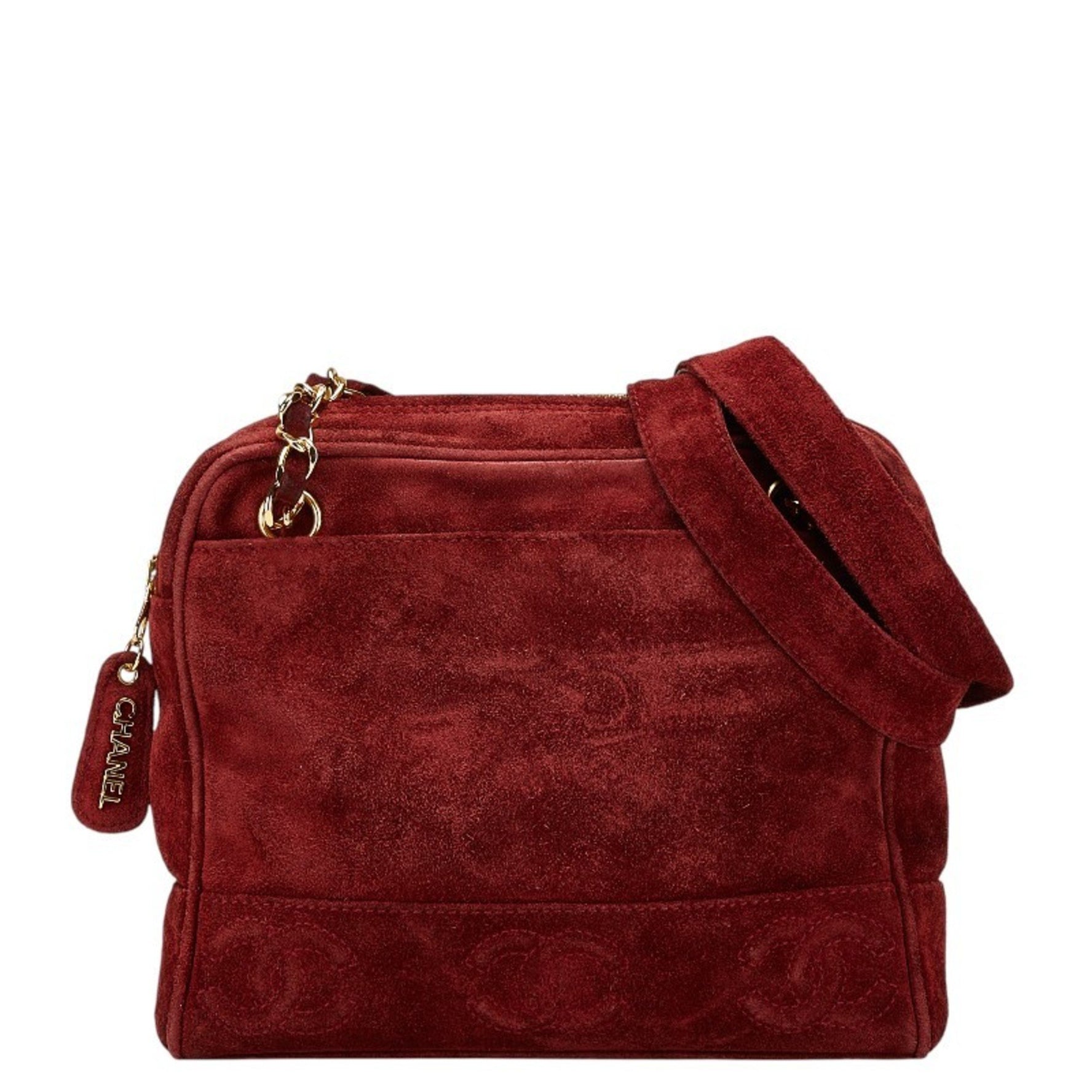 CHANEL Triple Coco Mark Chain Shoulder Strap Tote Bag Wine Red Suede
