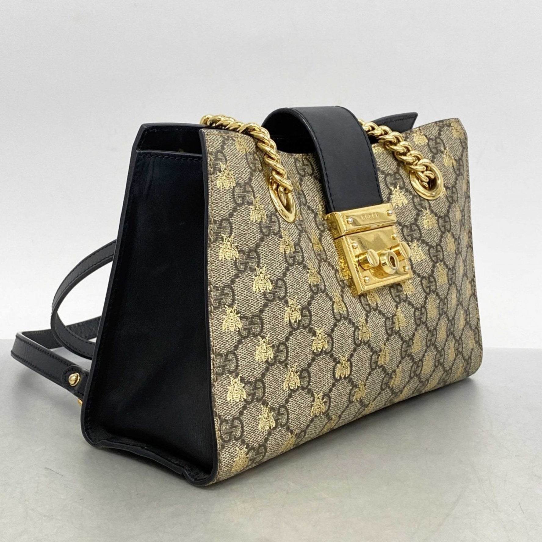 Gucci GG Supreme Padlock Bee Shoulder Bag Brown Black