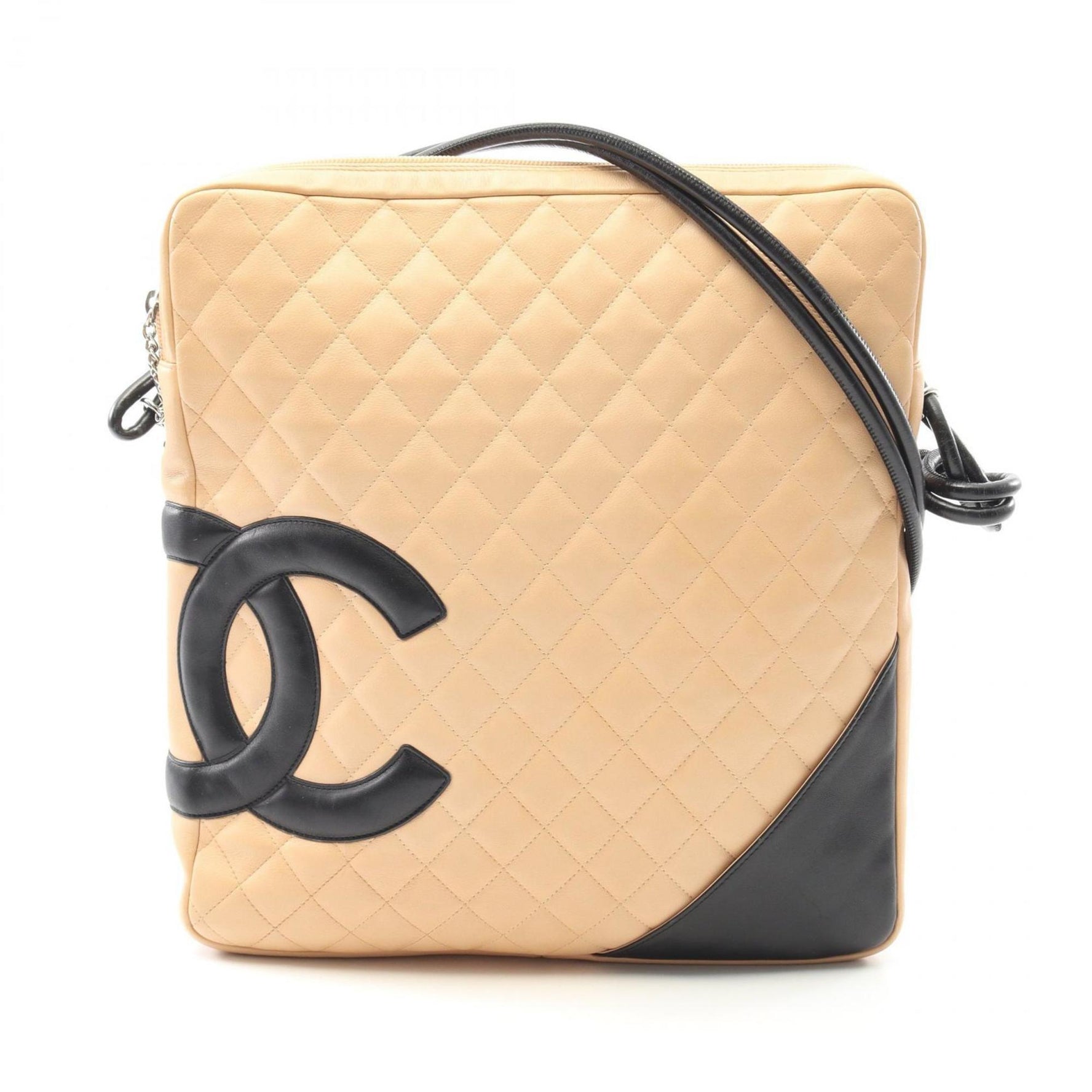 CHANEL Cambon Line Large Pochette Shoulder Bag Leather Beige Black
