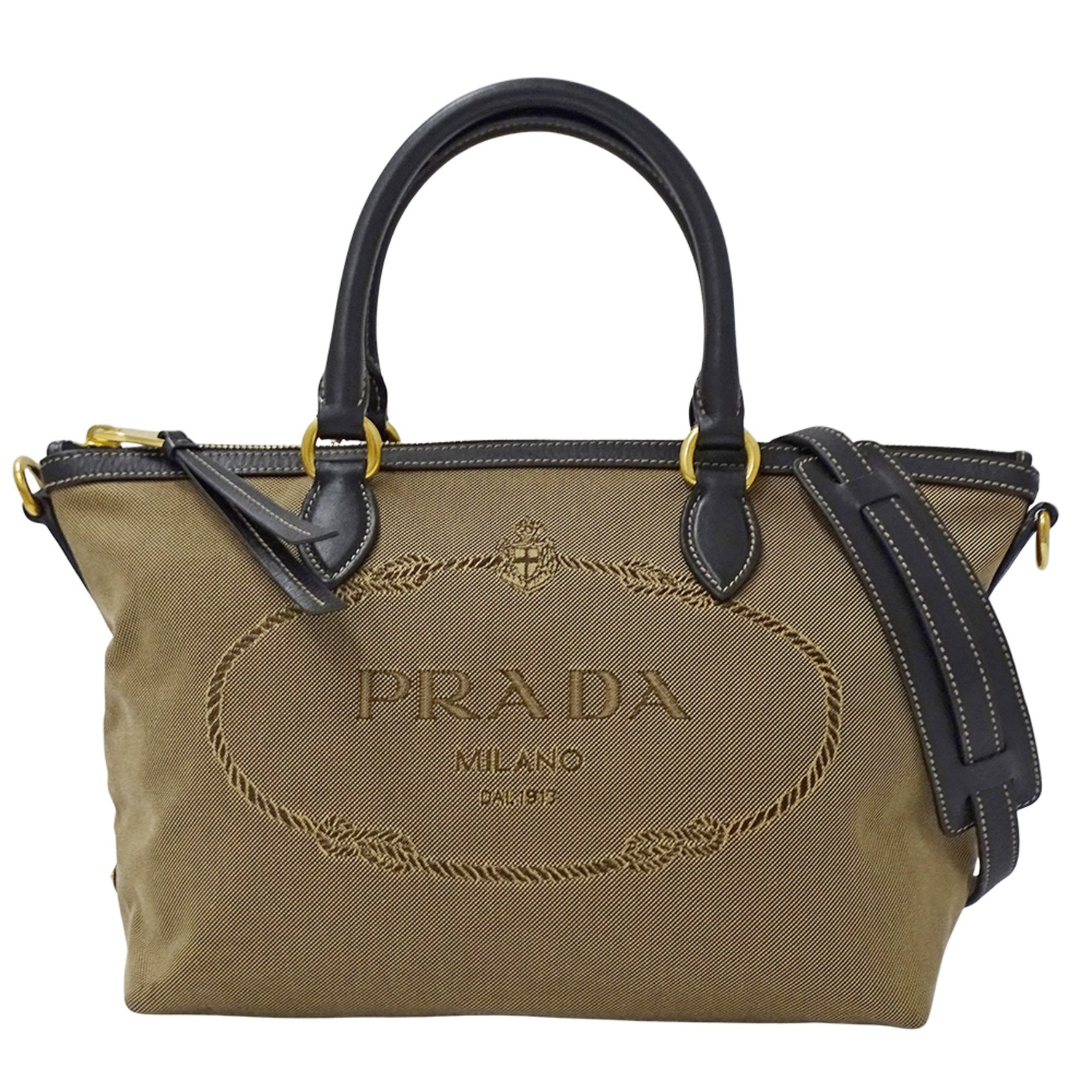 Prada Brand Tote Bag, Handbag, Shoulder Logo Jacquard Canvas, Beige, Black