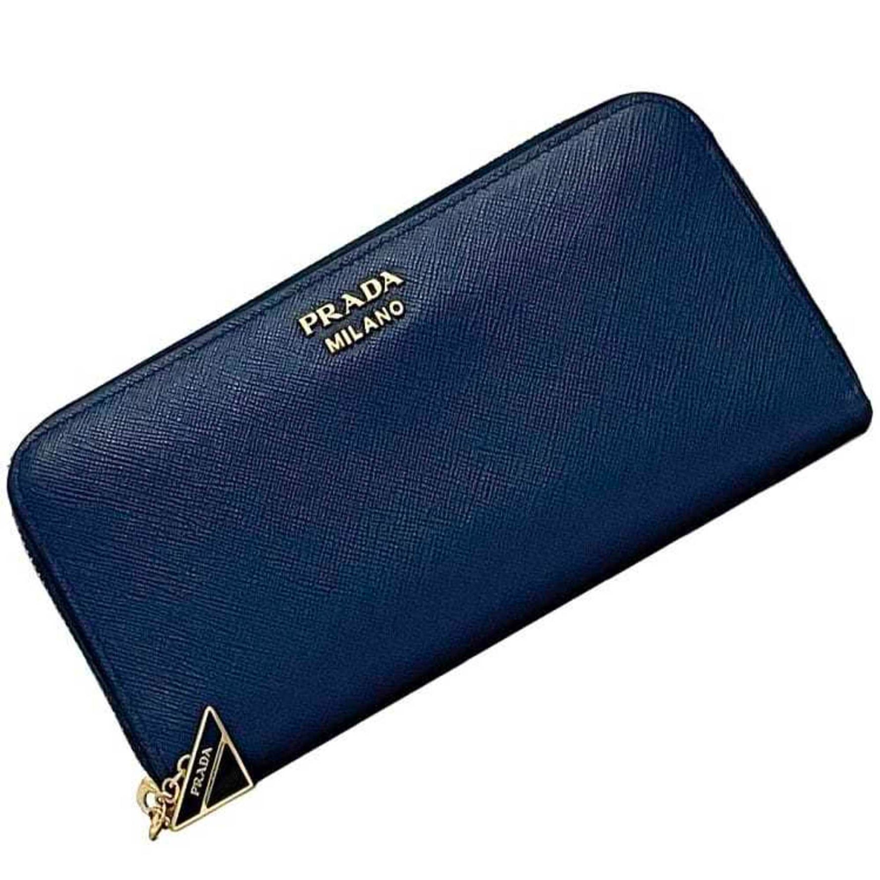 Prada Round Long Wallet Saffiano Leather 12 S Triangle Plate Men's Metal Fittings Unisex