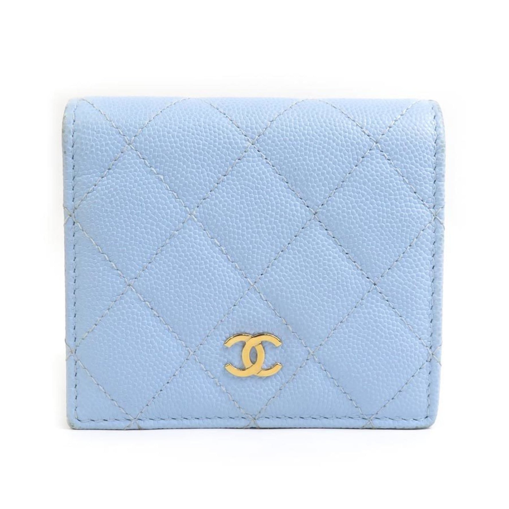 CHANEL Bi-fold Wallet Caviar Skin Leather Light Blue