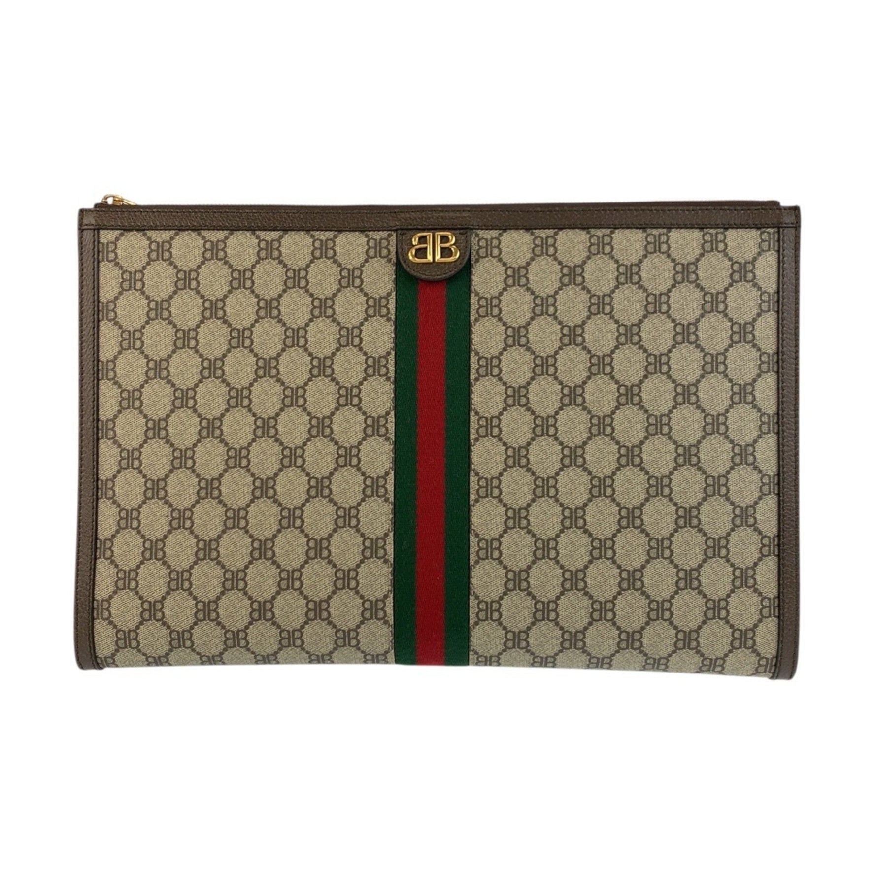 BALENCIAGA GUCCI collaboration The Hacker Project Beige Brown Gold hardware GG Supreme canvas Leather Clutch bag Second case