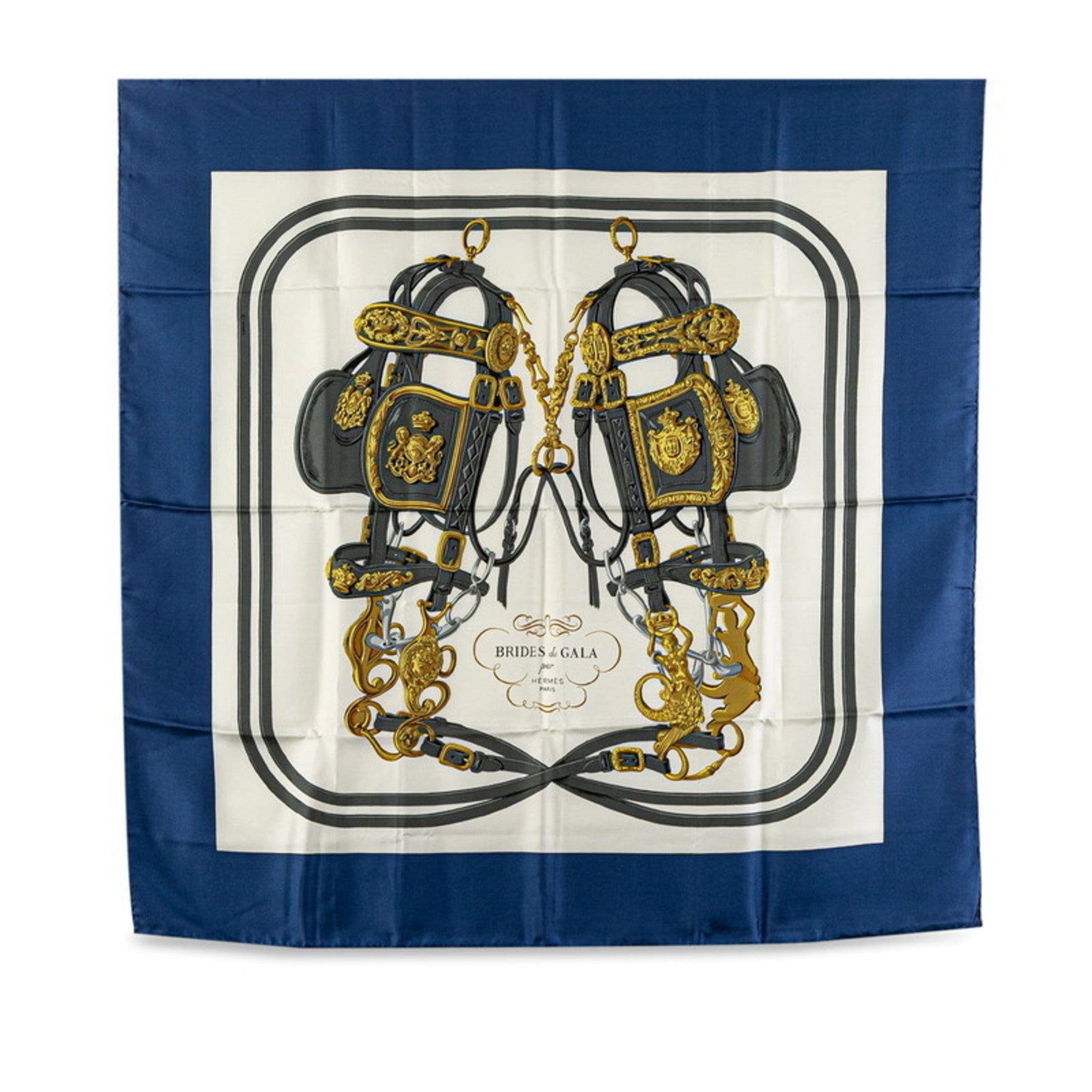 Hermes Hermès Carré 90 BRIDES de GALA Ceremonial Bridle Scarf Muffler in Blue, White, and Multicolor Silk