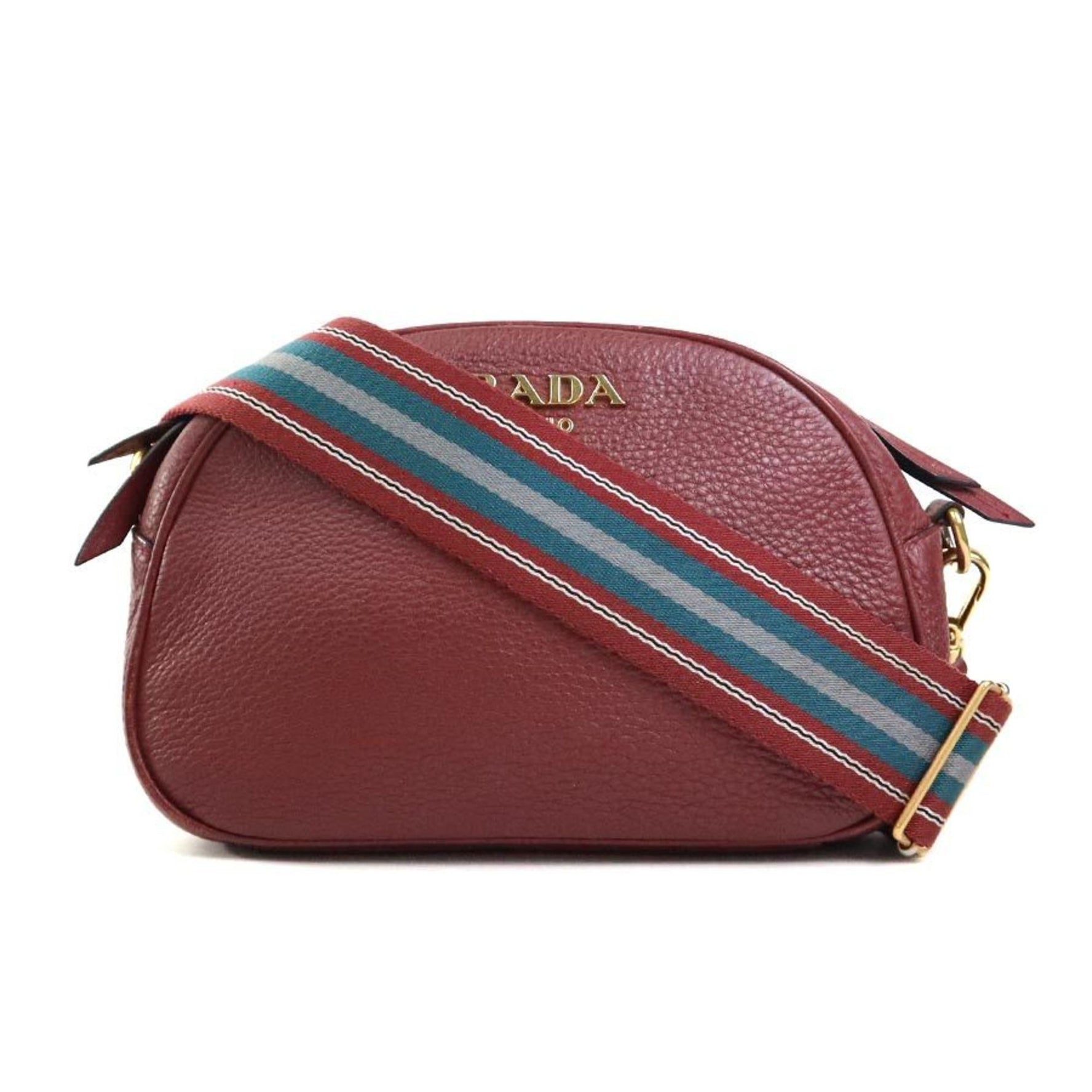 PRADA Bag Shoulder Leather Canvas Burgundy Blue Grey Gold