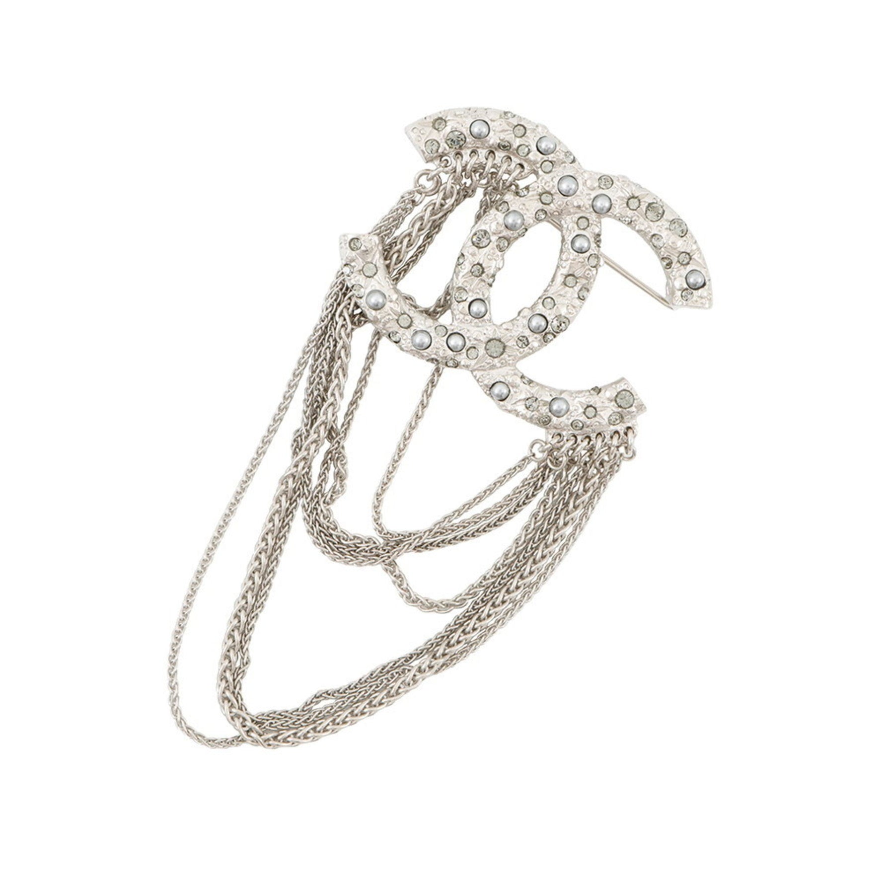 CHANEL Coco Mark Brooch with Chain, Faux Pearl and Rhinestones