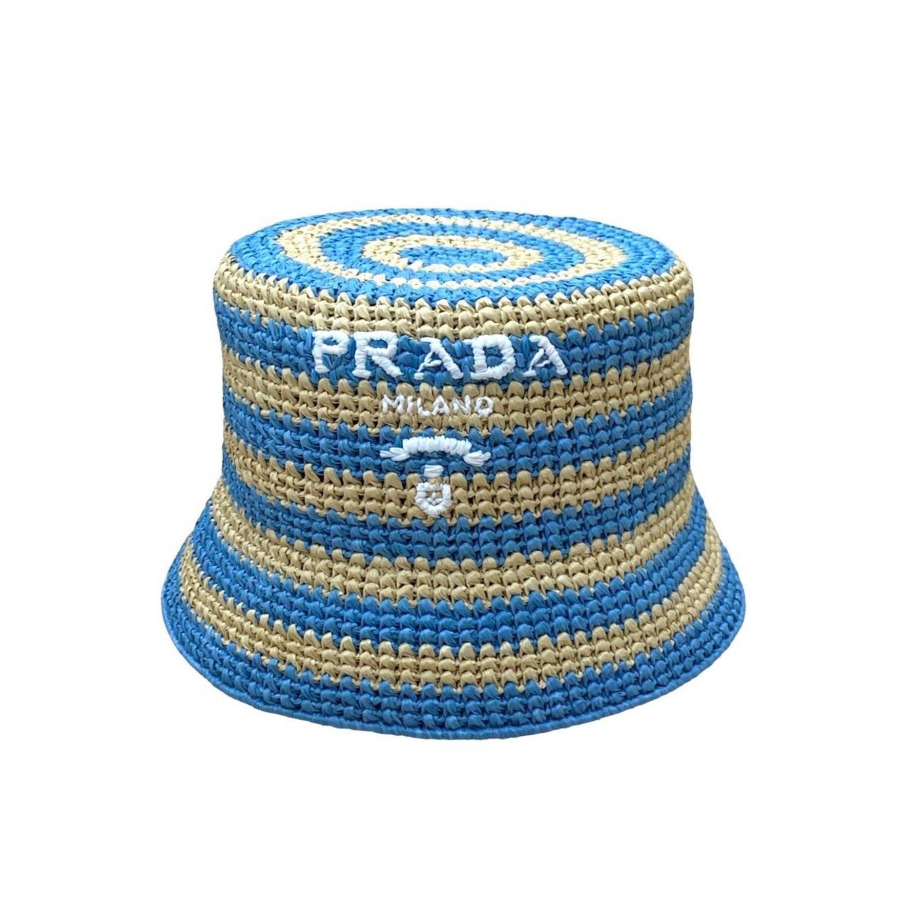 PRADA Logo Bucket Hat, Raffia, Size Small, Blue/Beige