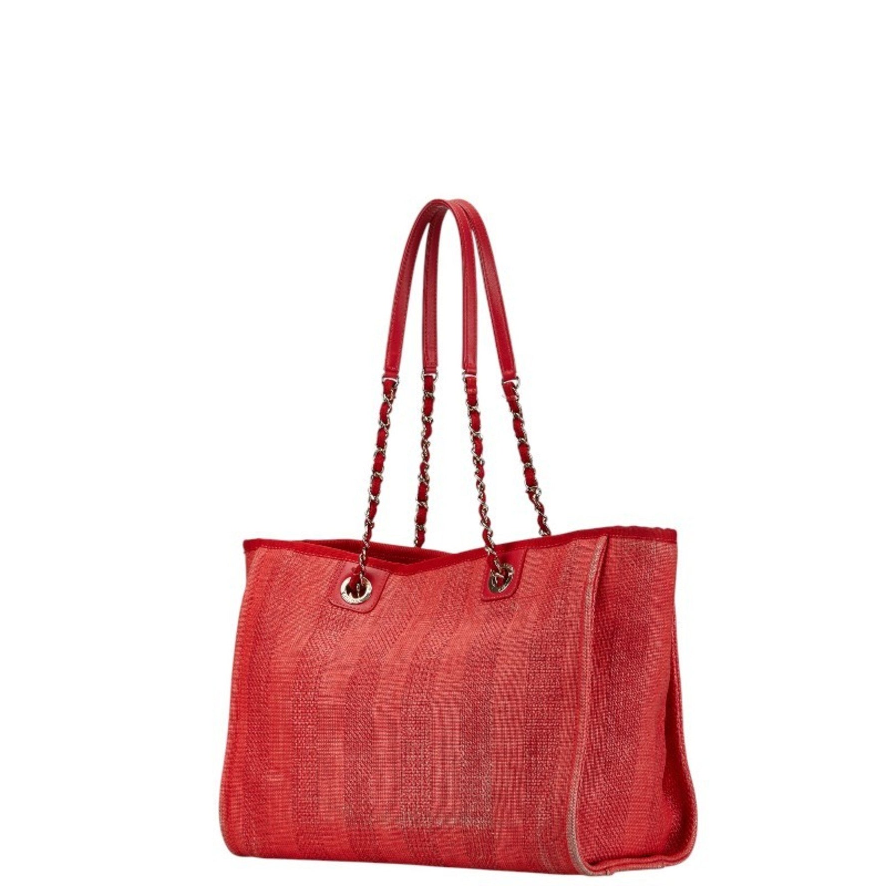 CHANEL Deauville Tote MM Coco Mark Chain Bag in Red Canvas and Leather