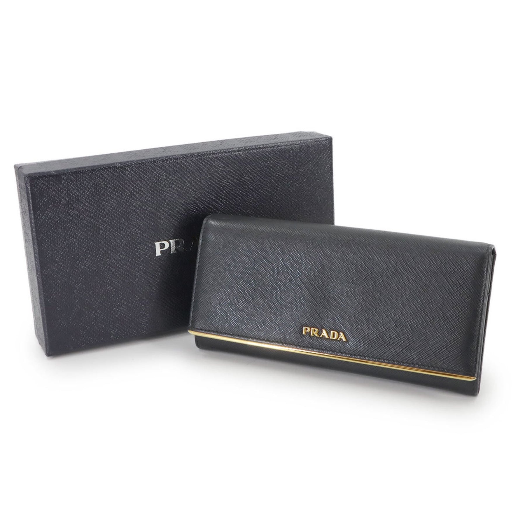 Prada PRADA Bifold Long Wallet, Saffiano Leather, Black, 1MH132, Metal Lines, Gold Hardware