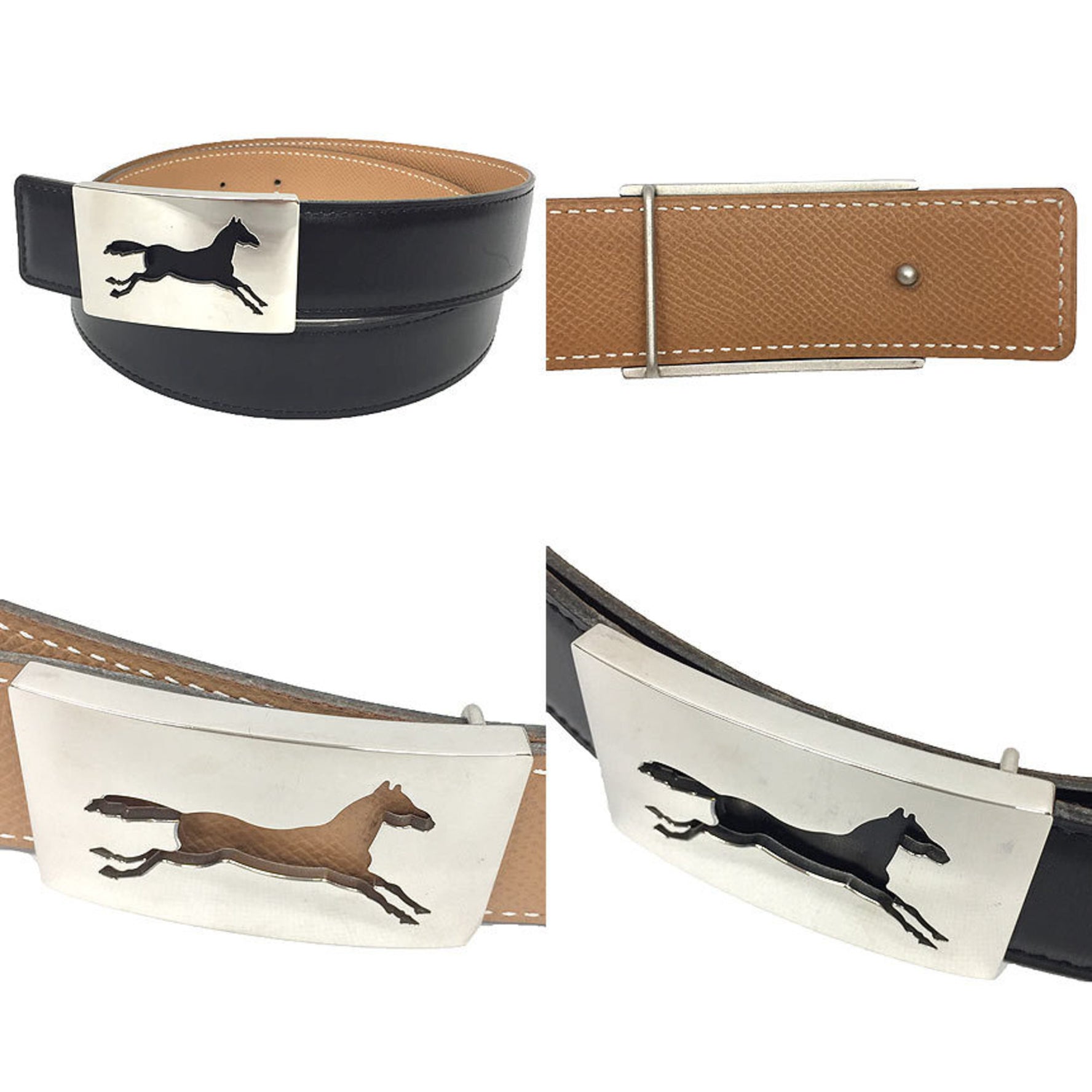 Hermes Hermès Leather Belt, Size 80, □A Stamp, Horse Buckle, Reversible, Black/Light Brown, Silver Box Calf/Veau Epsom