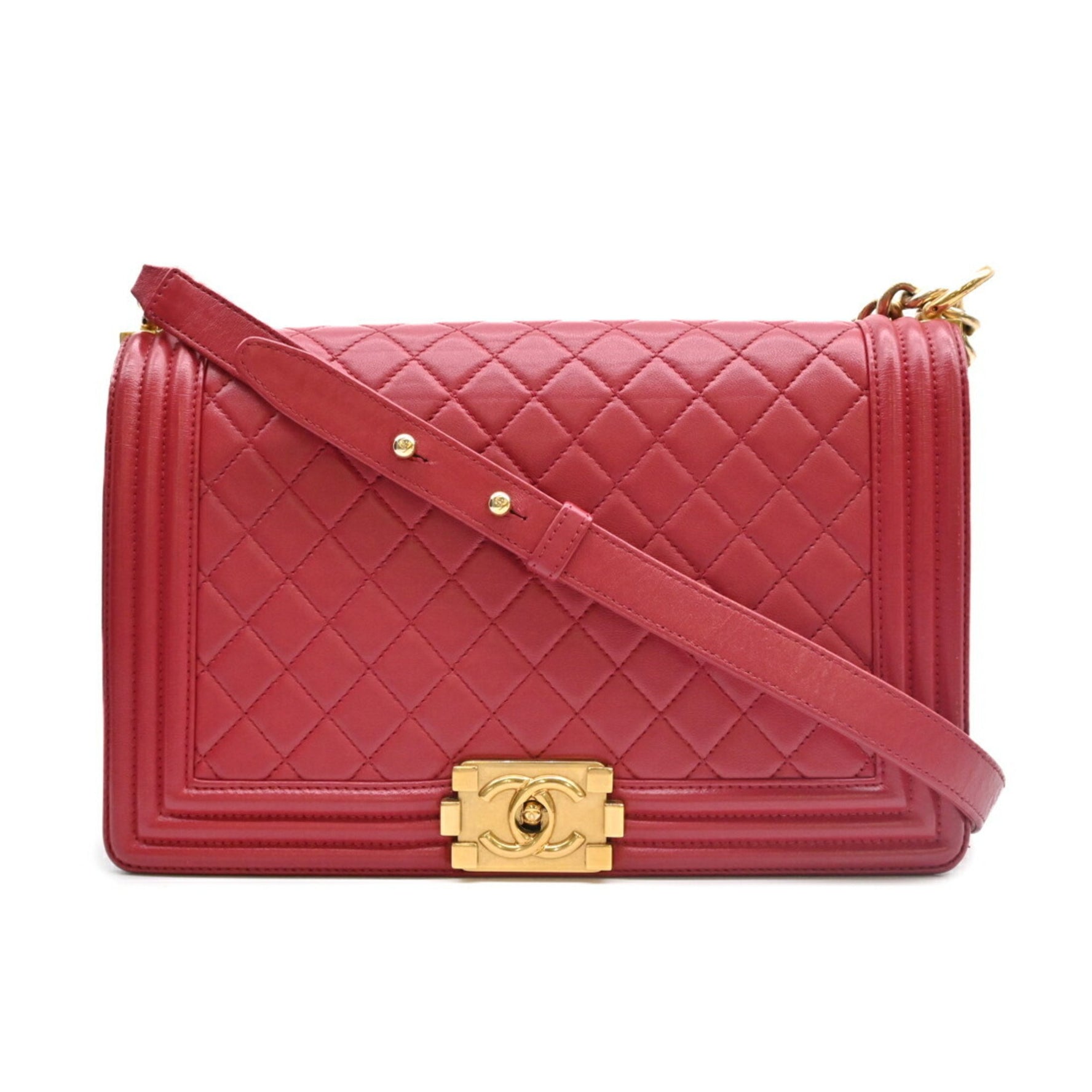 CHANEL Boy Matelasse Lambskin Leather Chain Shoulder Bag with Metal Fittings and Seal Red