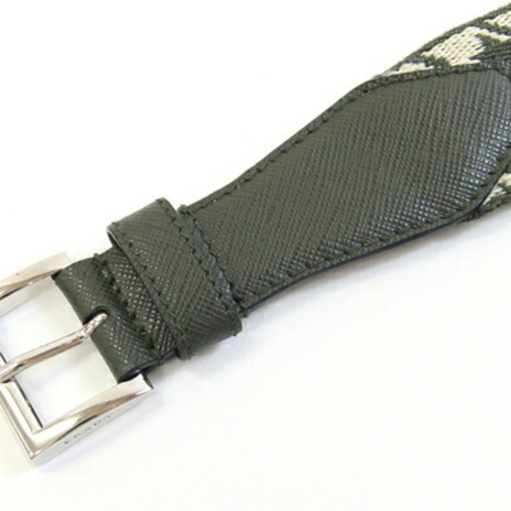 Prada Belt Khaki Ivory Canvas Leather Houndstooth