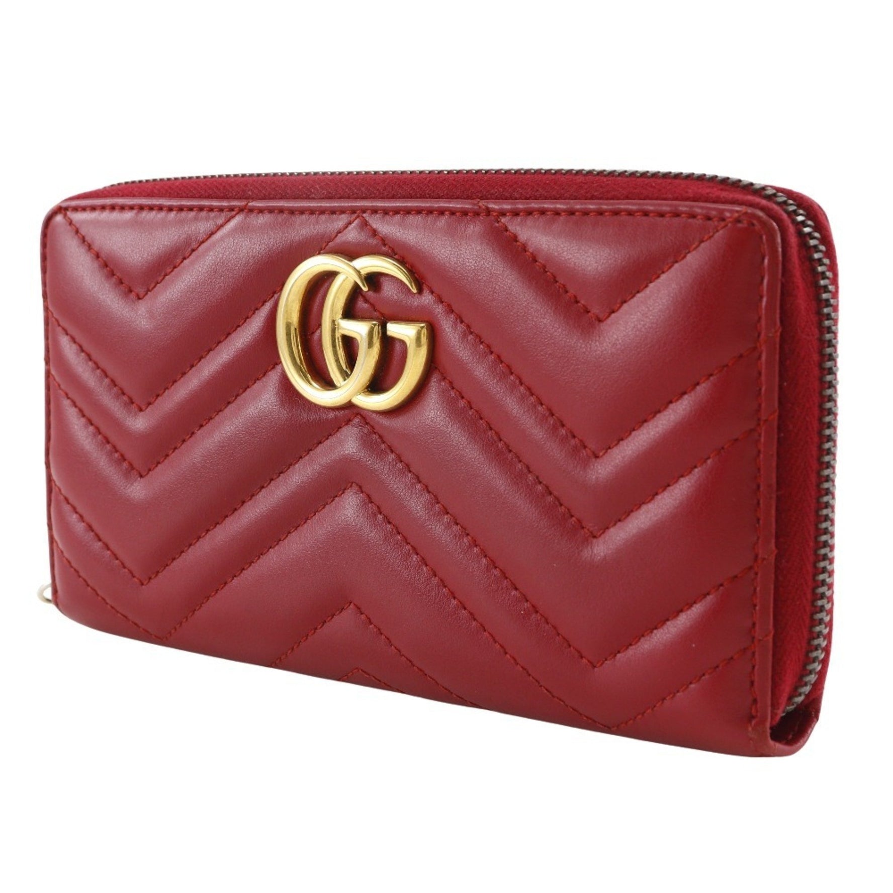 GUCCI Double G Zip Around Wallet Long GG Marmon Chevron Quilting Leather Red zip around wallet