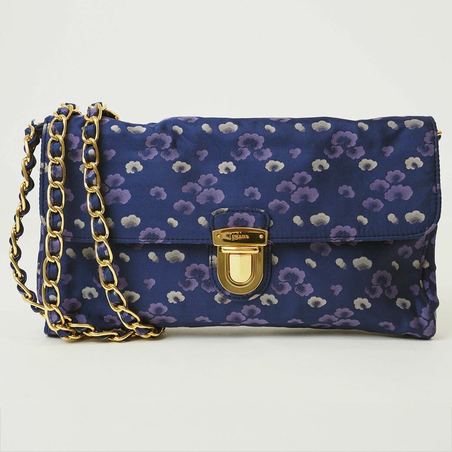 Prada Nylon Chain Shoulder Bag Navy BP0584 Women's Flower Print Crossbody Satin PRADA