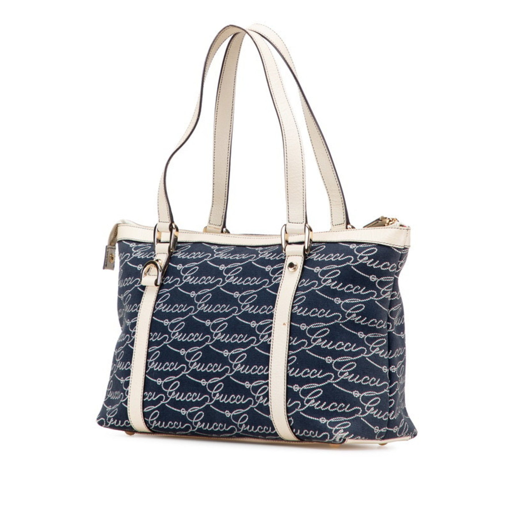 Gucci Abbey Logo Tote Bag Navy Beige Canvas Leather