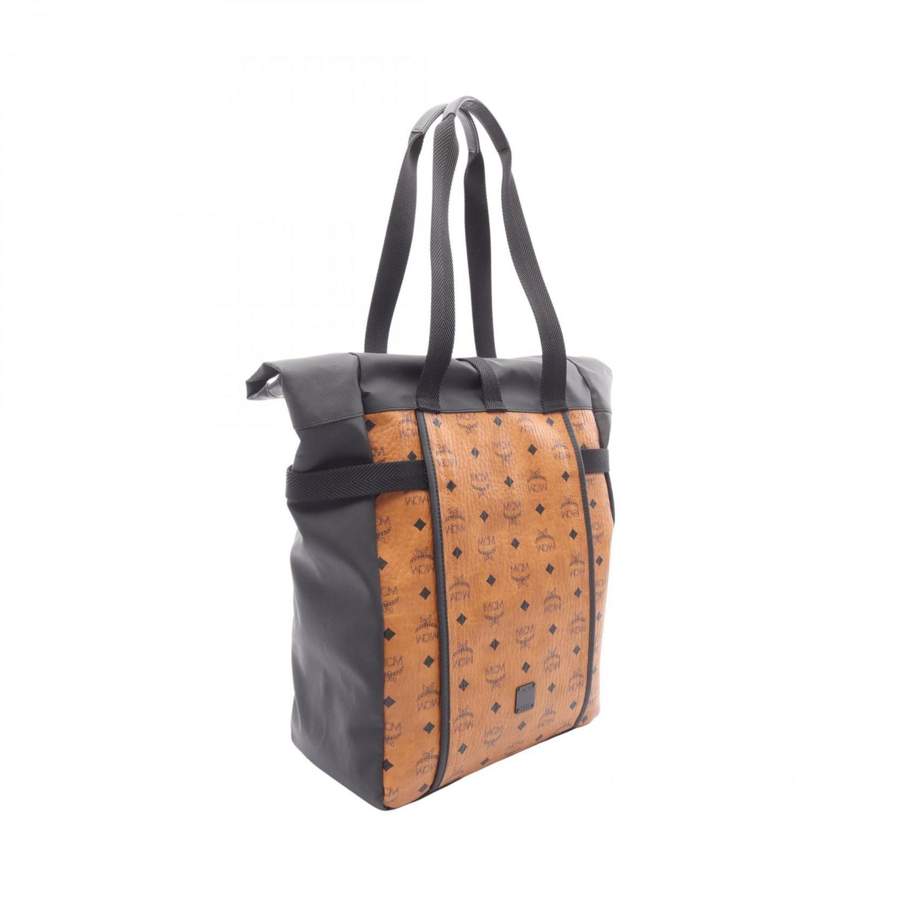MCM Roll Top Utility Shopper Bag, Tote Coated Canvas and Leather, Brown Black