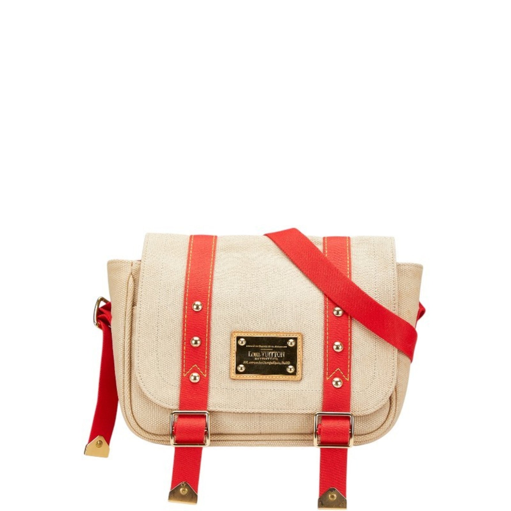 Louis Vuitton Antigua Buzas PM Shoulder Bag Beige Red Canvas Leather