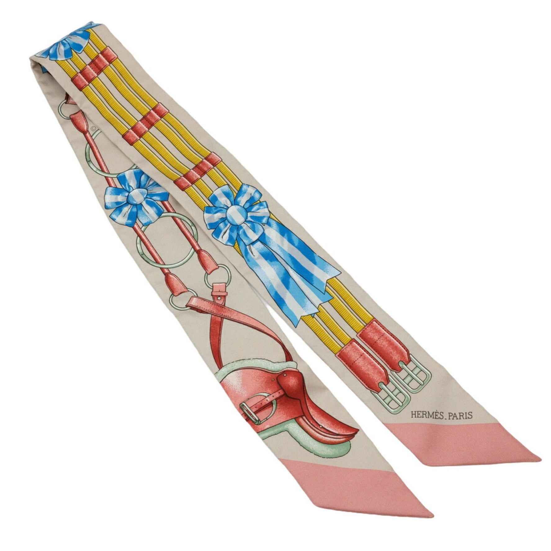 HERMES Scarf Twilly Jumping 100% Silk Beige Pink