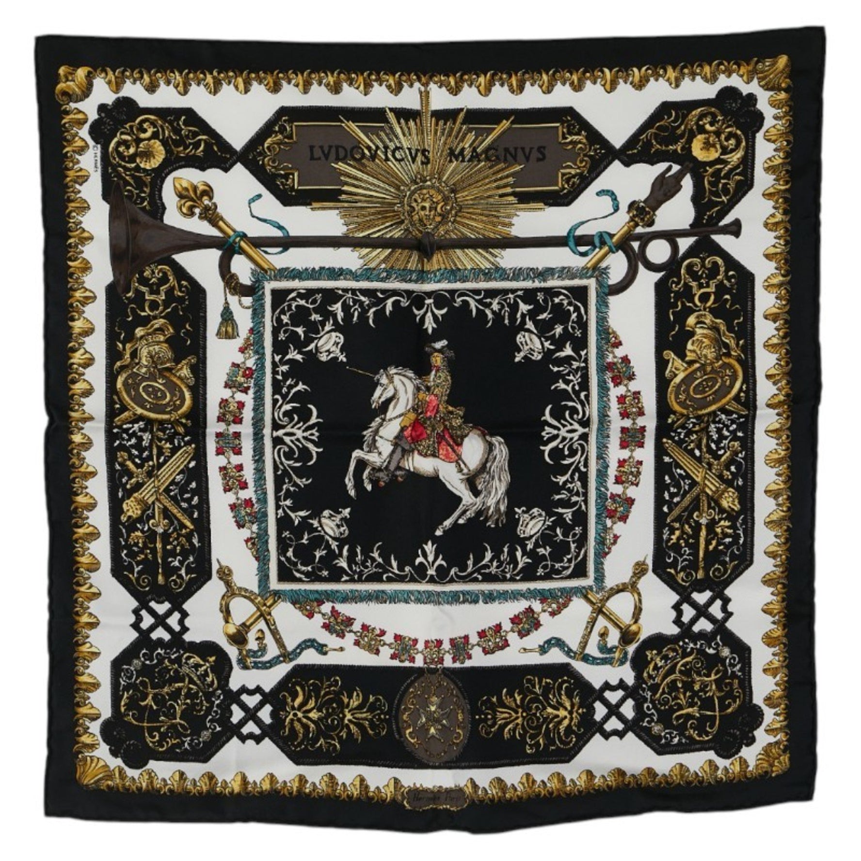 Hermès Carré 40 LVDOVICVS MAGNVS Louis XIV on a White Horse Scarf Muffler Black Multicolor Silk HERMES