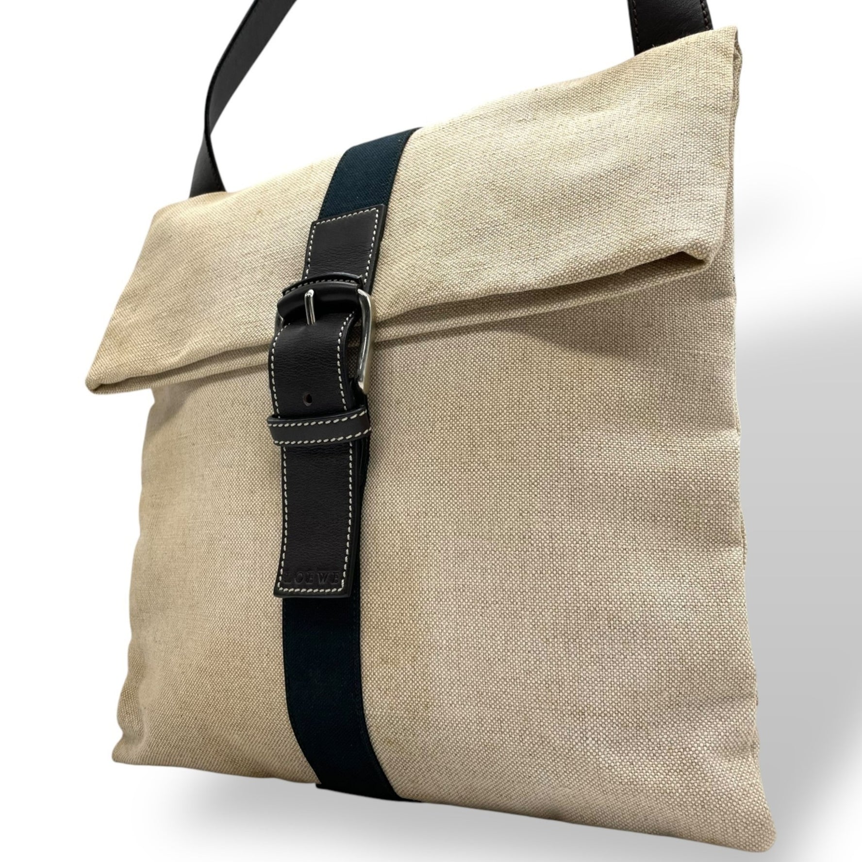 LOEWE Shoulder Bag Canvas Leather Men's Beige Brown Belt Design Crossbody