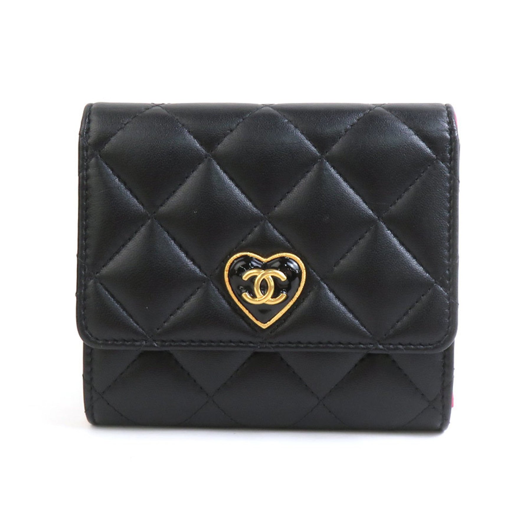 CHANEL Bi-fold Wallet Heart Coco Lambskin Black x Pink