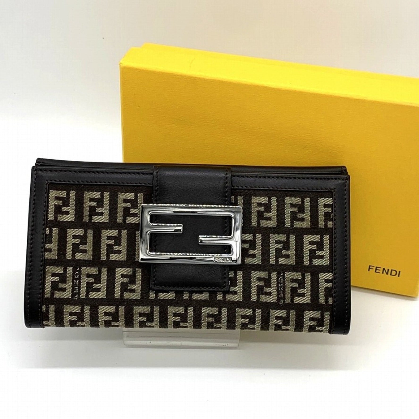 FENDI Zucchino Long Wallet FF Pattern Canvas Dark