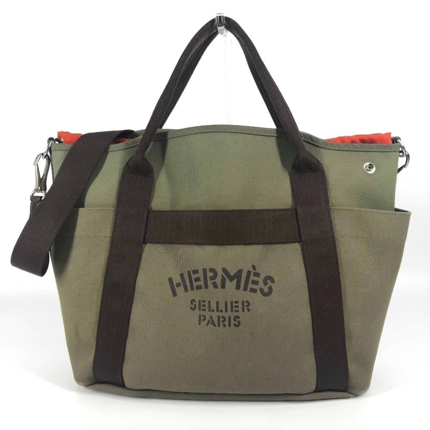 HERMES Sac de Pansage Groom Shoulder Bag Crossbody Tote Leather Canvas Khaki