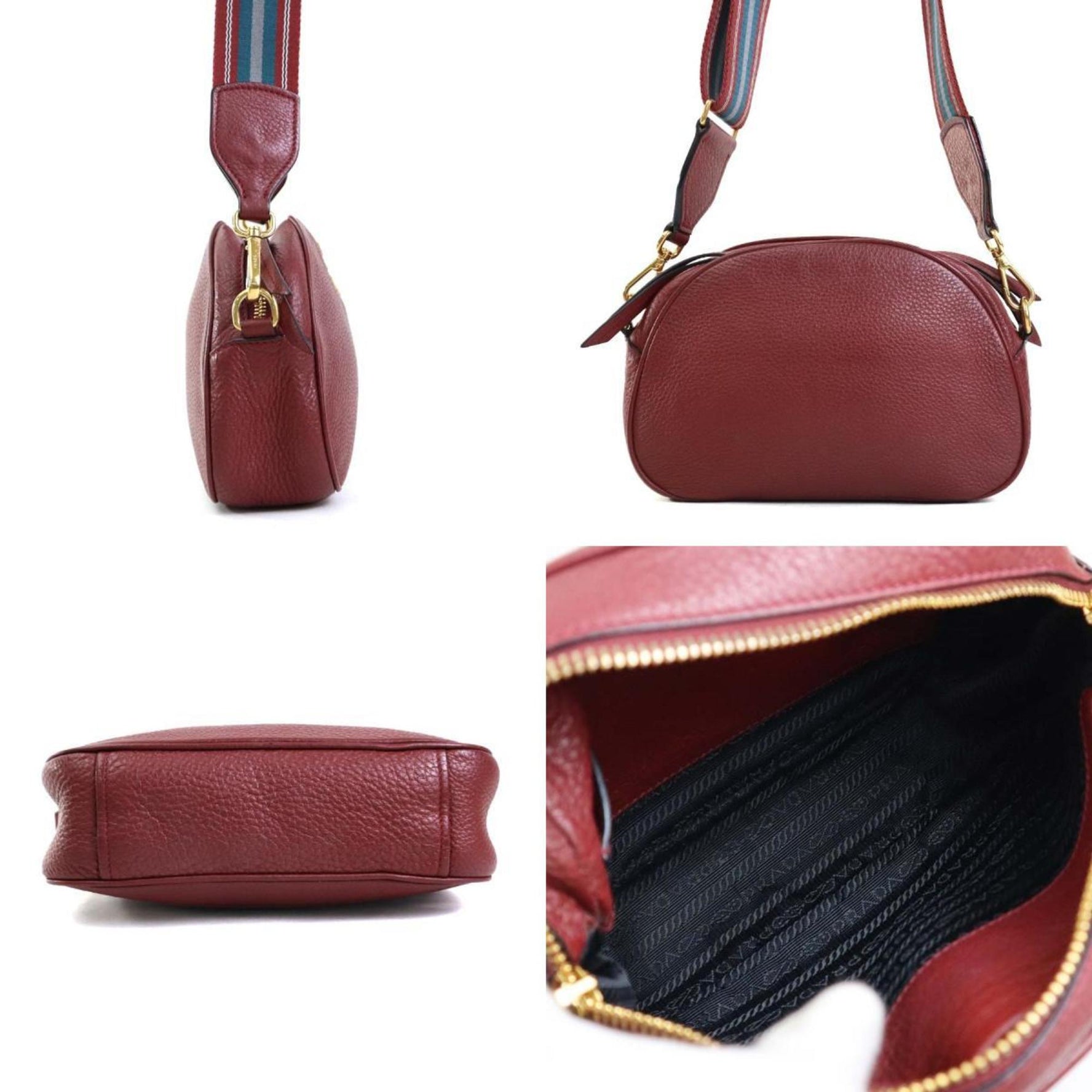 PRADA Bag Shoulder Leather Canvas Burgundy Blue Grey Gold