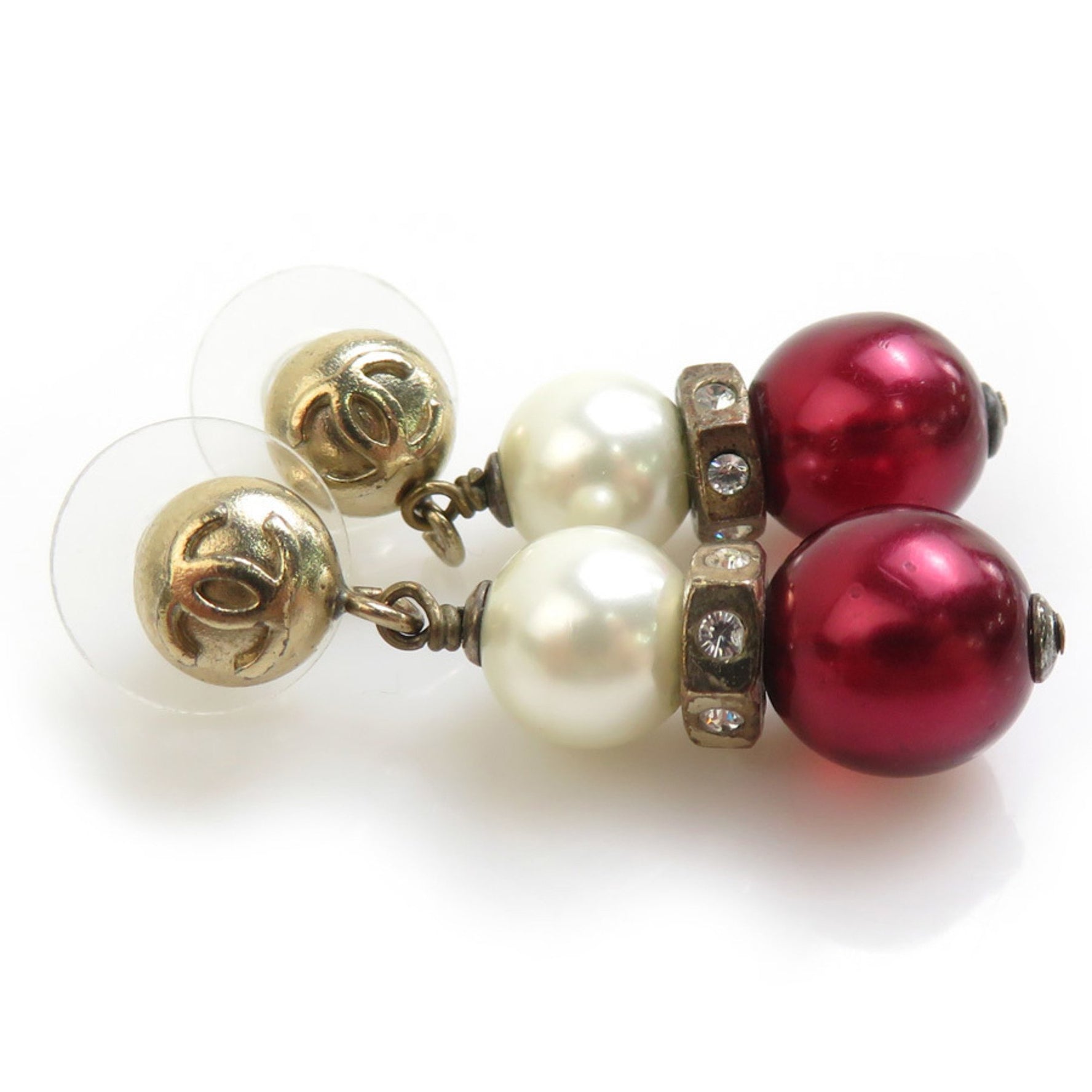 CHANEL Earrings Coco Mark Metal Faux Pearl Gold Off-White Burgundy